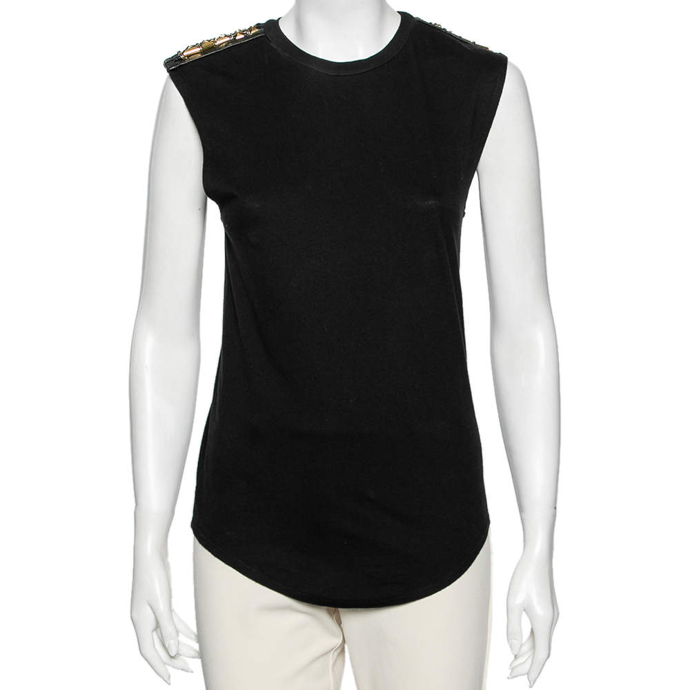 Pre Owned Balmain Black Cotton Metal & Leather Shoulder Trim Sleeveless T-Shirt S