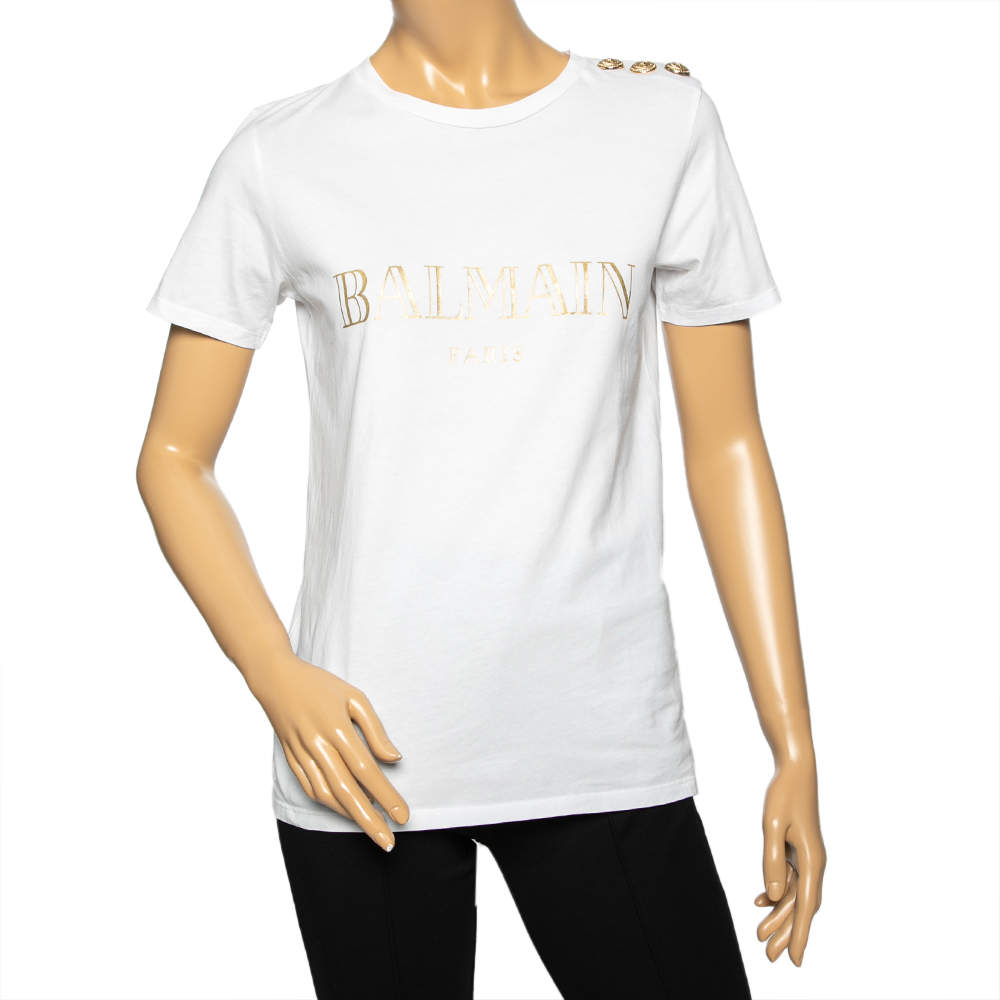 Pre Owned Balmain White Cotton Logo Printed Short Sleeve T-Shirt S