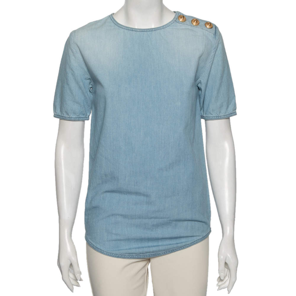 Pre Owned Balmain Blue Chambray Short Sleeve T-Shirt S