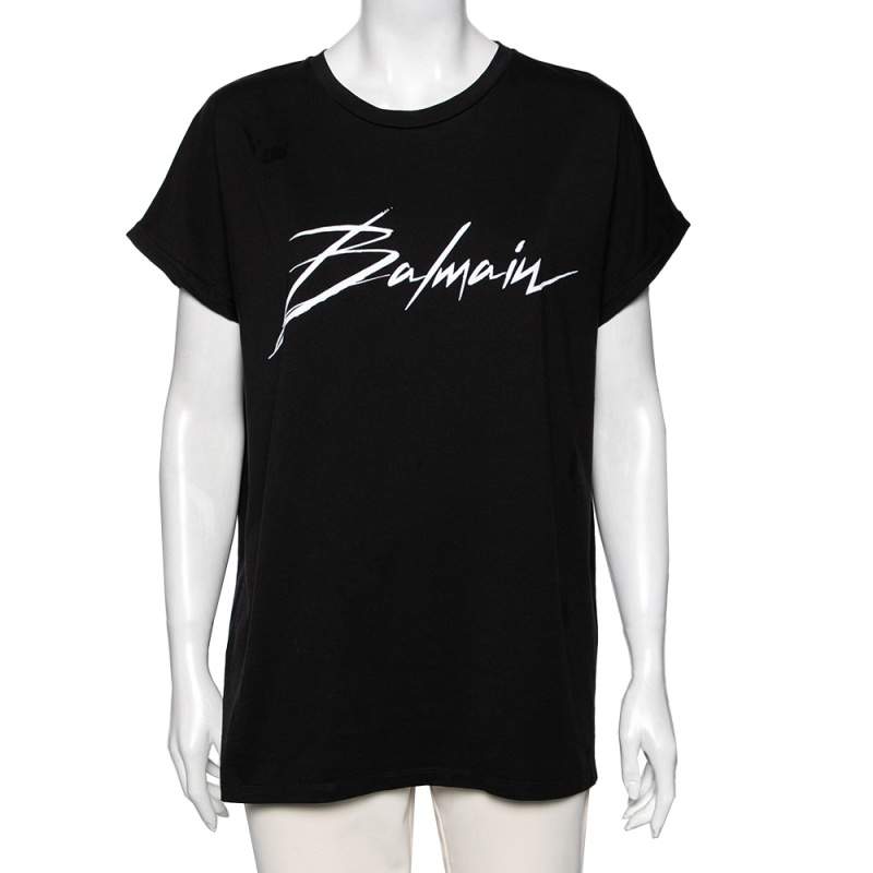 Pre Owned Balmain Black Cotton Logo Patch Top L