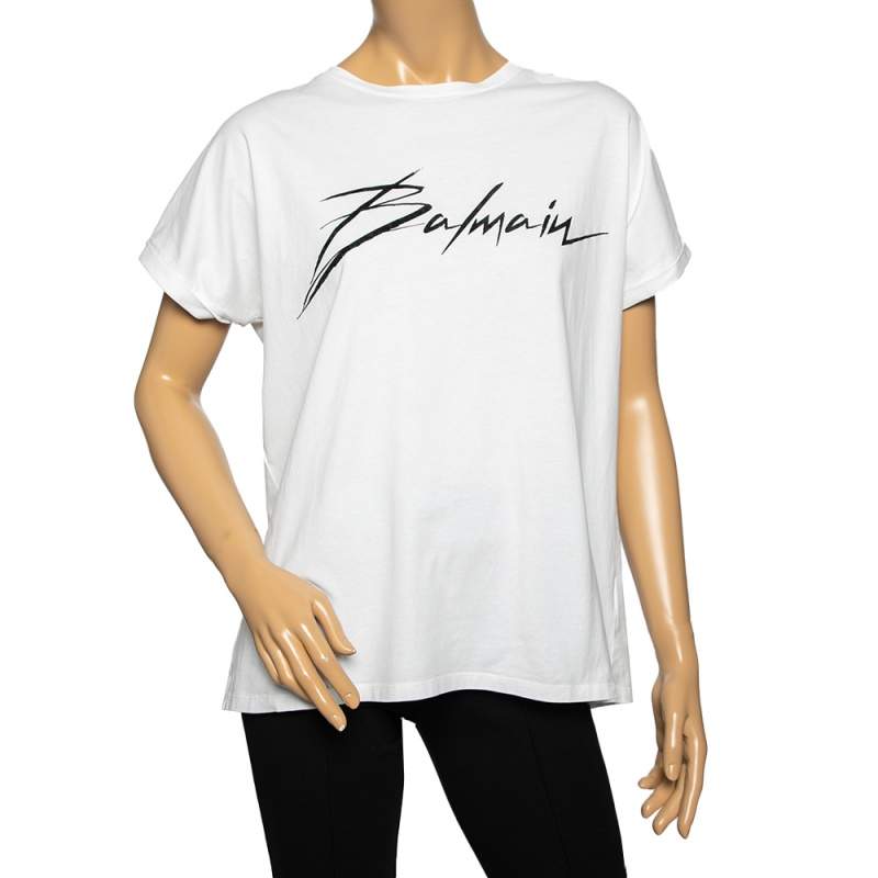 مملوكة مسبقًا Balmain White Cotton Logo Printed Top M