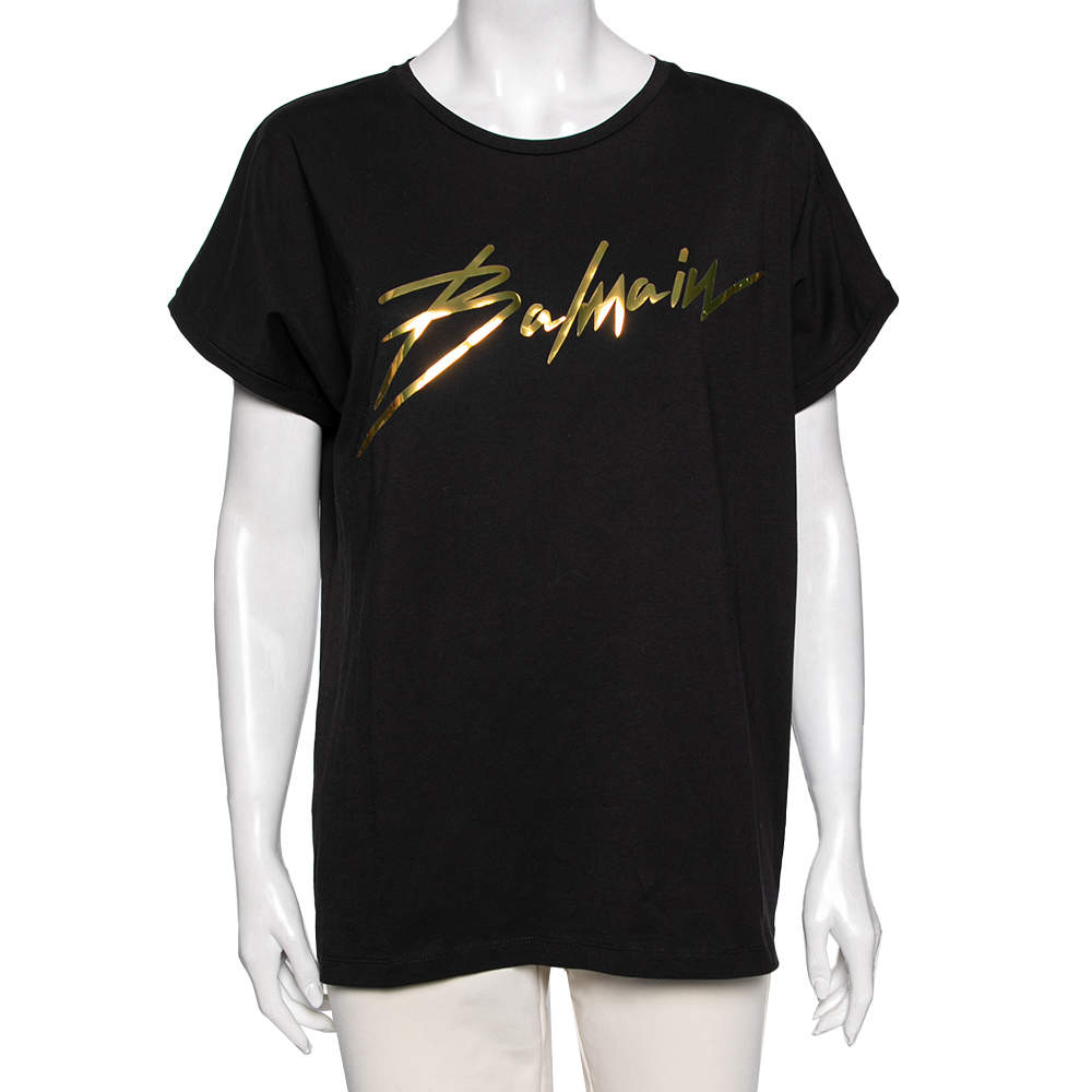 Pre Owned Balmain Black Cotton Foil Logo Top L