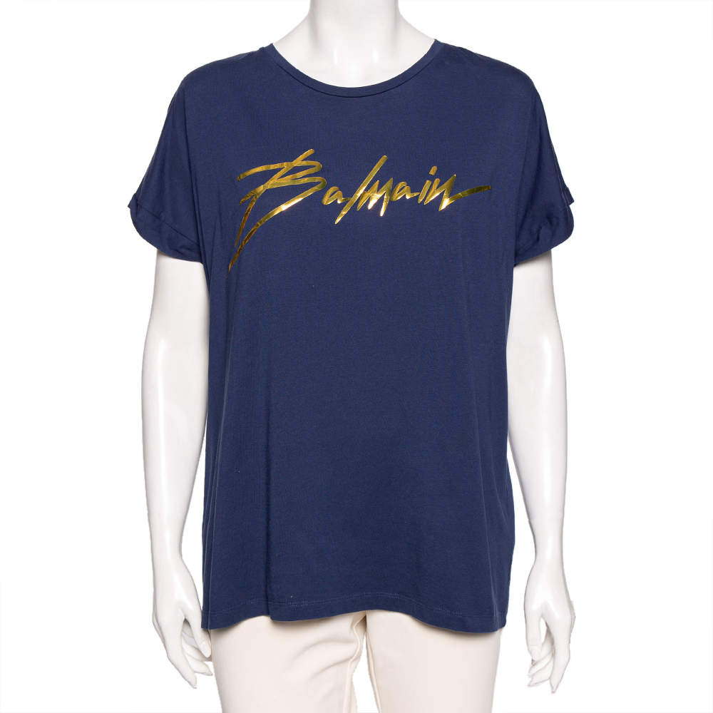 Pre Owned Balmain Blue Cotton Foil Logo Top L