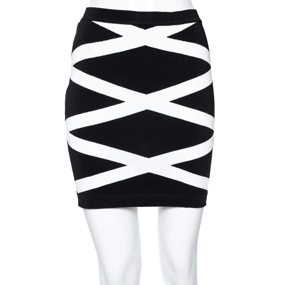 Pre Owned Balmain Monochrome Patterned Knit Mini Skirt S