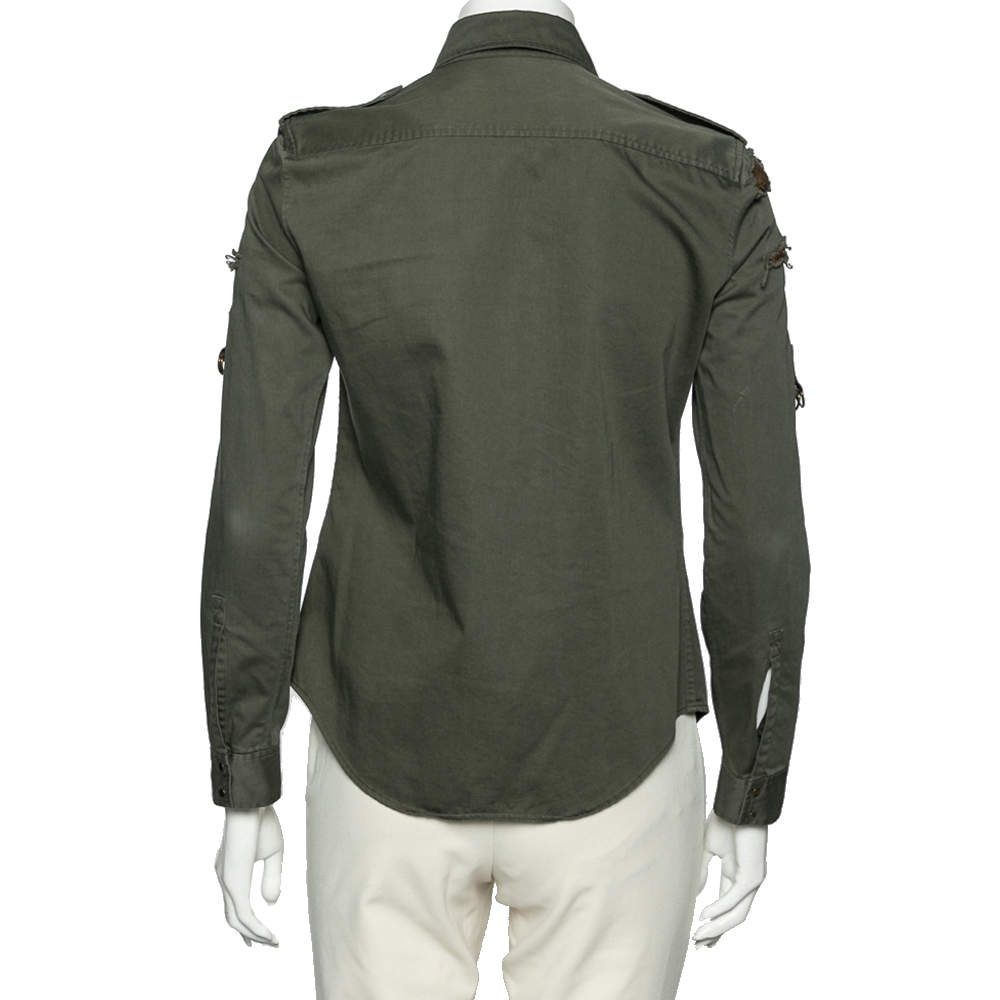 slutpunkt pære Eastern Balmain Dark Green Cotton Distressed Embellished Button Front Military Shirt  M Balmain | TLC