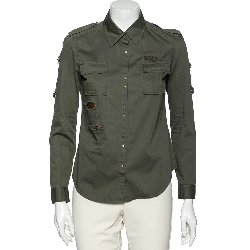 Pre Owned Balmain Dark Green Cotton Distressed Embellished Button Front Military Shirt M