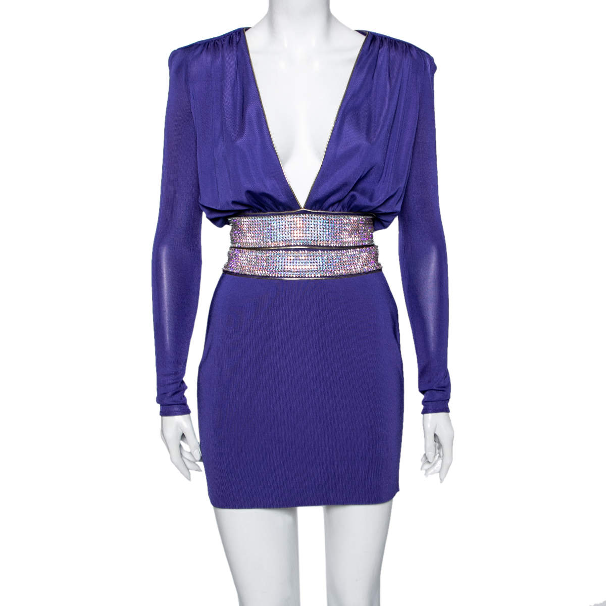 Pre Owned Balmain Purple Jersey Embellished Waist Short Dress S