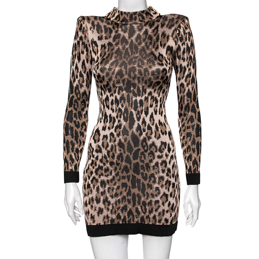 Pre Owned Balmain Brown Leopard Jacquard Knit Long Sleeve Dress S