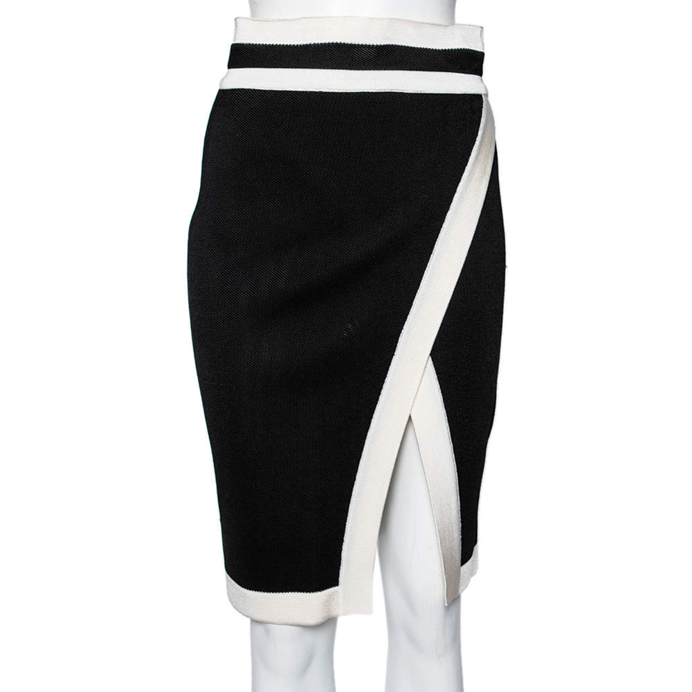 Pre Owned Balmain Black and White Knit Slit Detailed Pencil Midi Skirt S