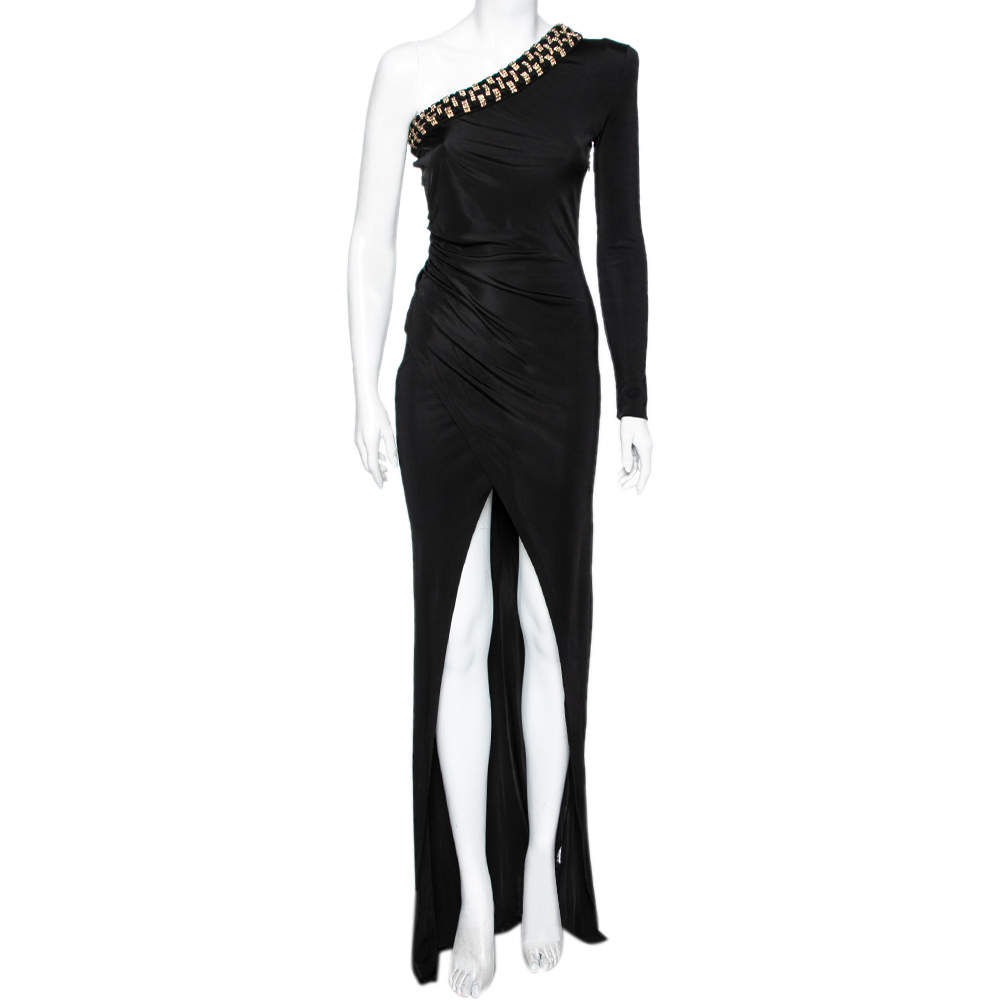 Pre Owned Balmain Black Jersey Crystal Embellished Draped One Shoulder Evening Gown S