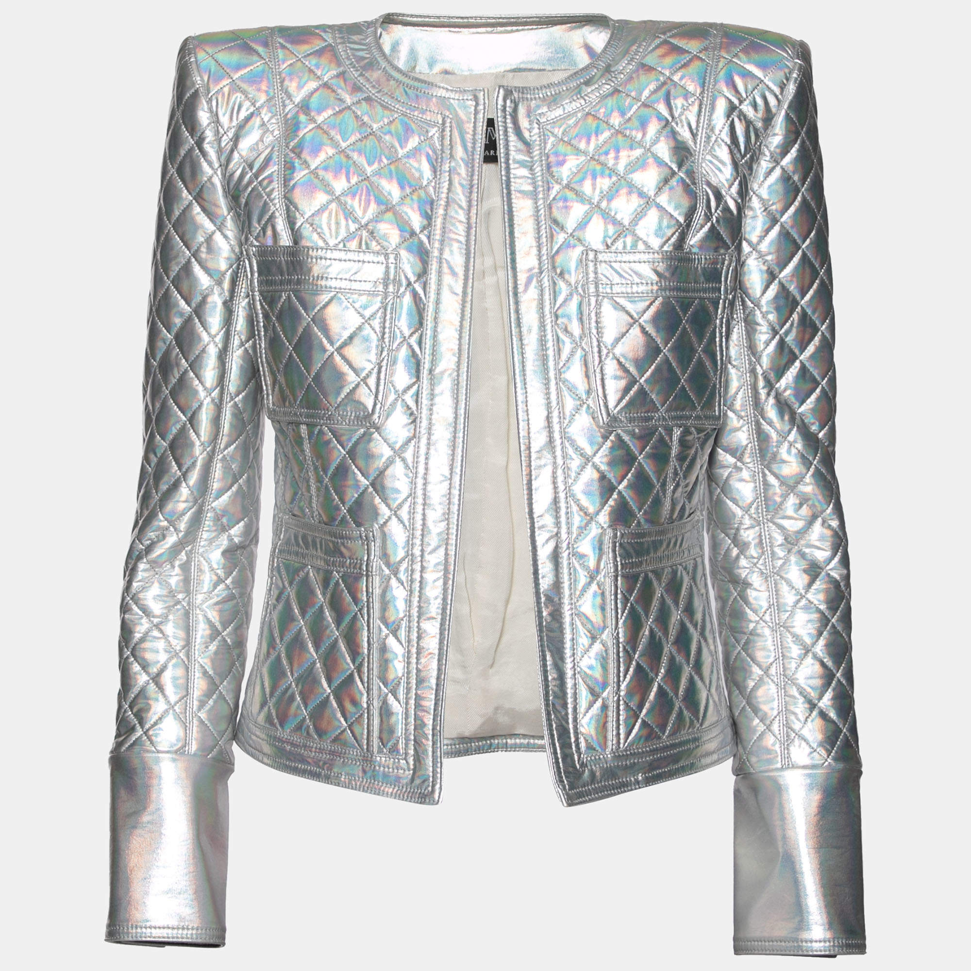Balmain Silver Holographic Quilted Open Front Jacket M