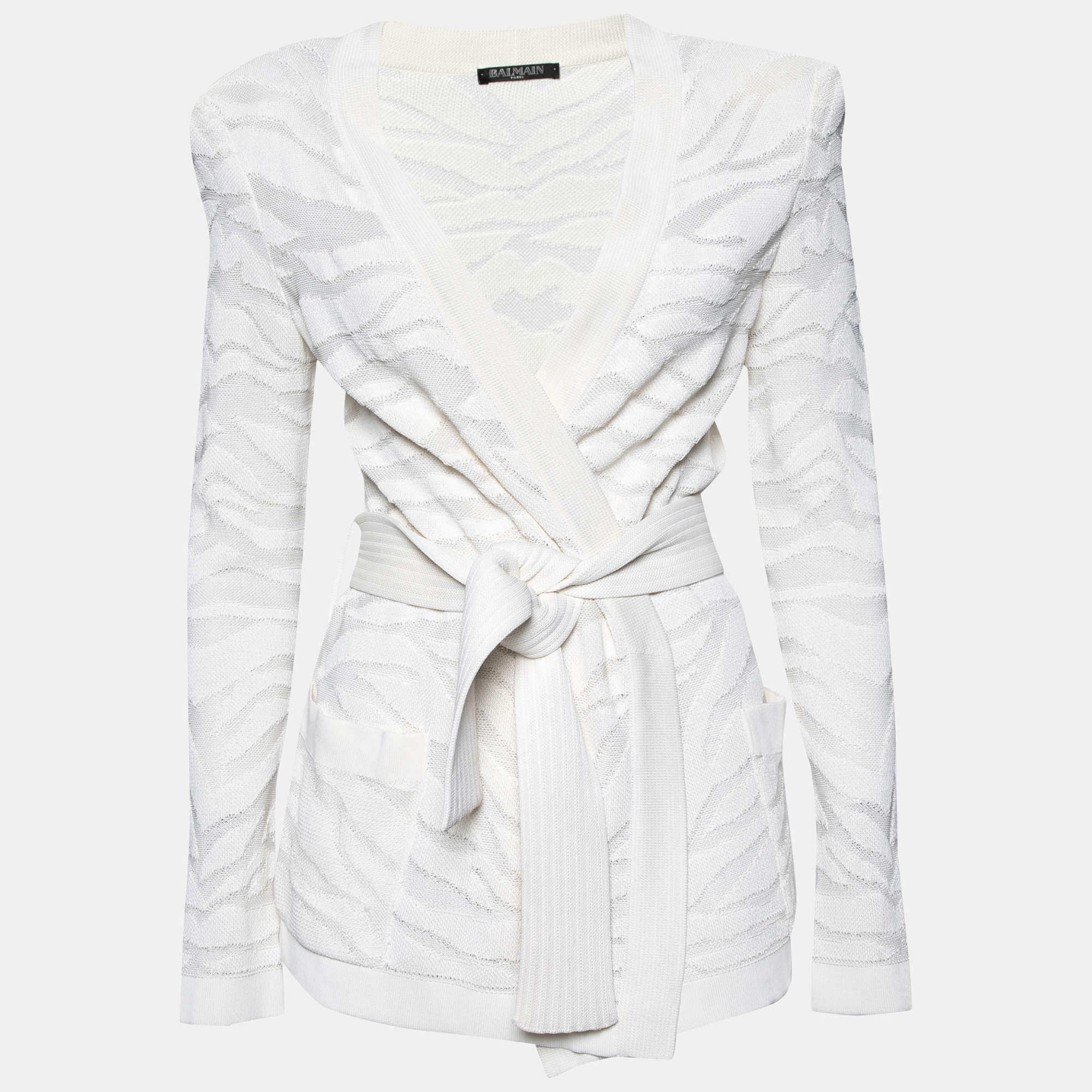 Pre Owned Balmain White Zebra Textured Knit Belted Wrap Cardigan M