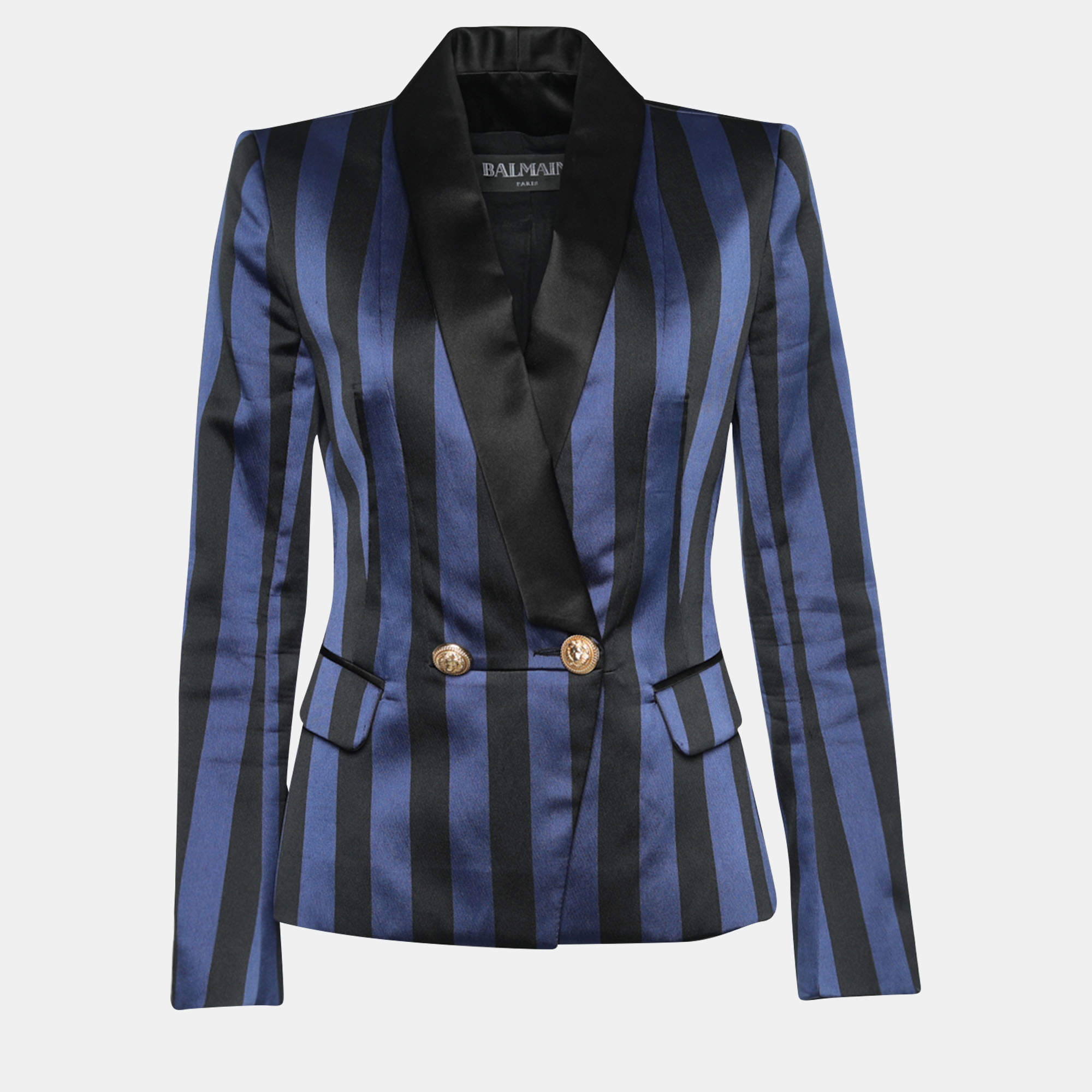 Pre Owned Balmain Blue & Black Striped Satin Blazer M