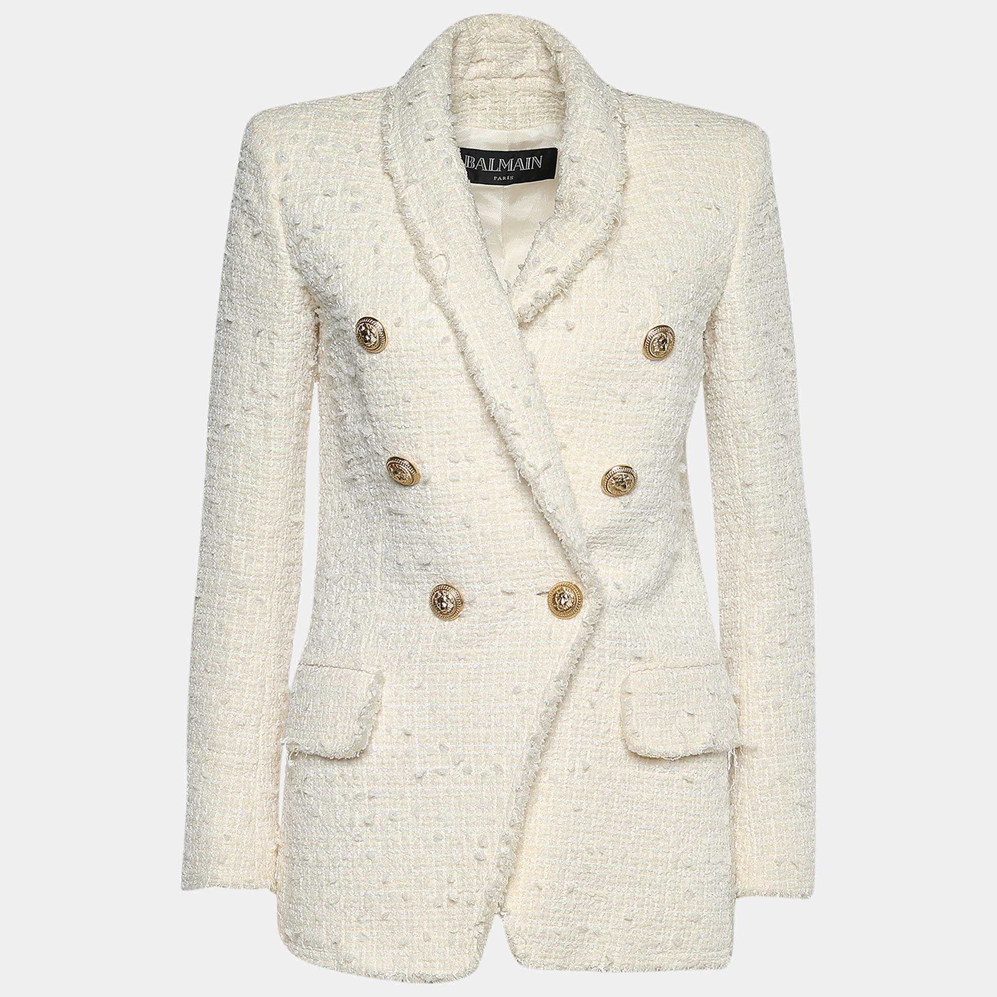 Pre Owned Balmain Ivory Tweed Double Breasted Blazer S