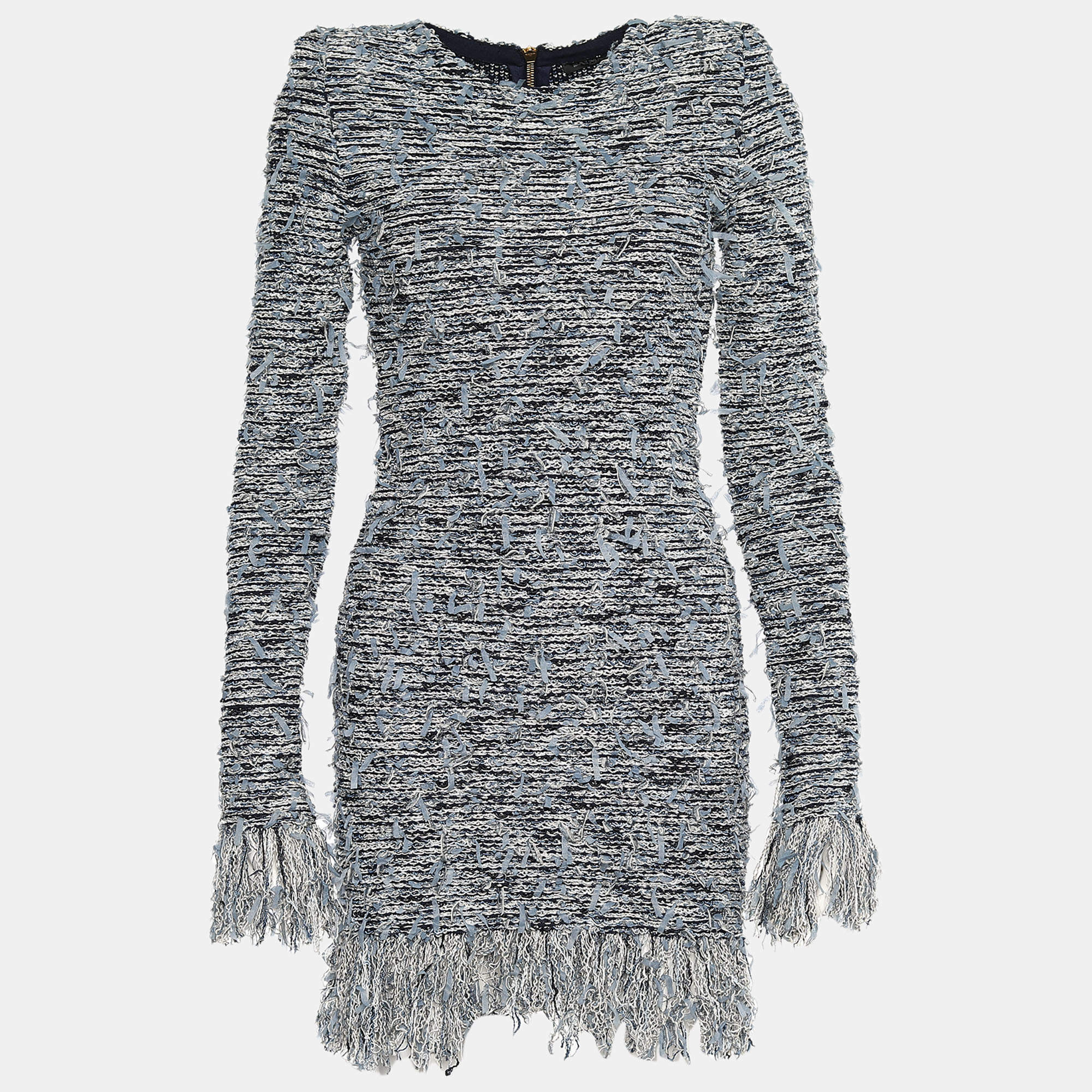 Pre Owned Balmain Blue Tweed Fringed Long Sleeve Mini Dress S