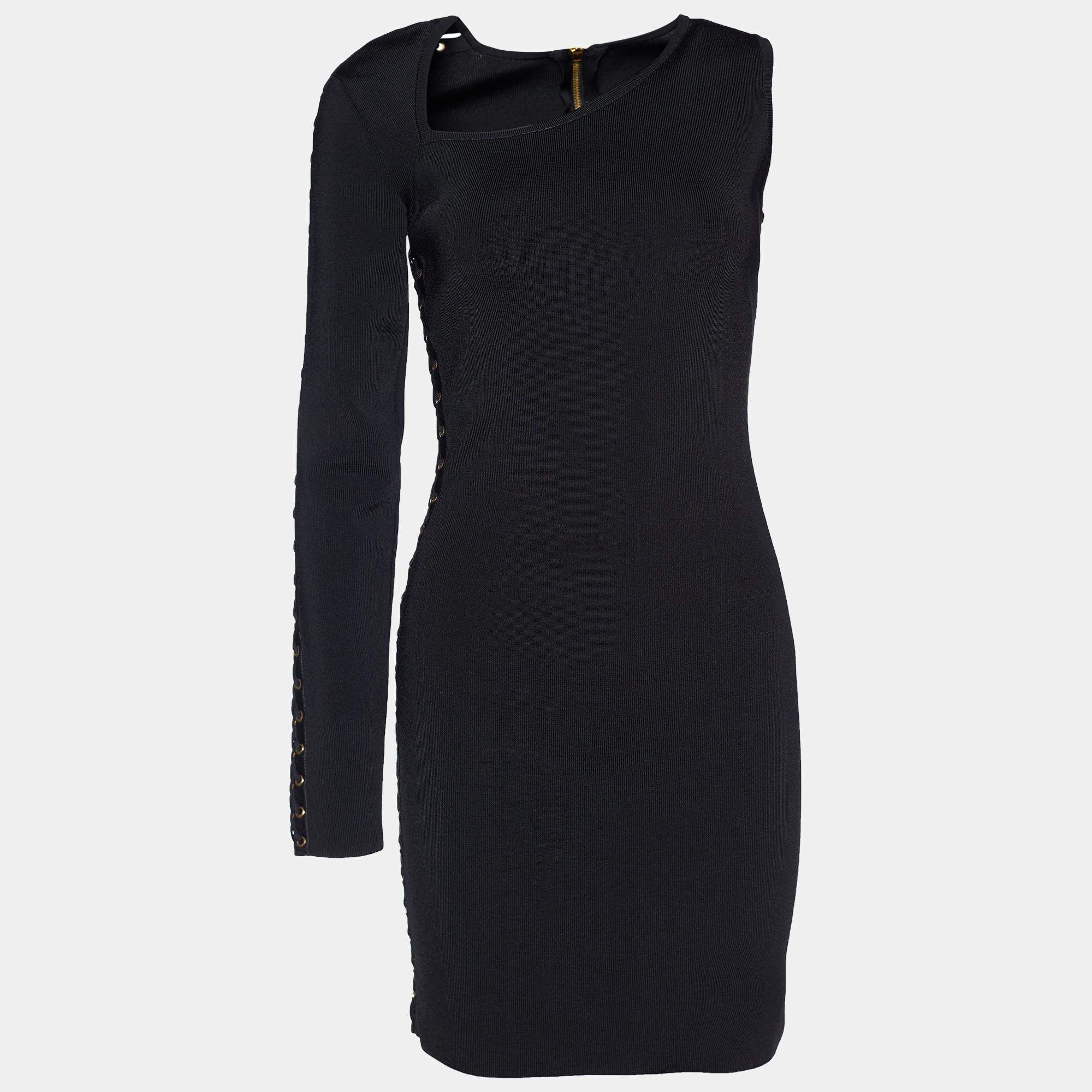 Pre Owned Balmain Black Knit Lace-Up Detail One Shoulder Bodycon Dress S