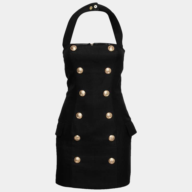 Pre Owned Balmain Black Cotton Double Breasted Halter Neck Short Dress L
