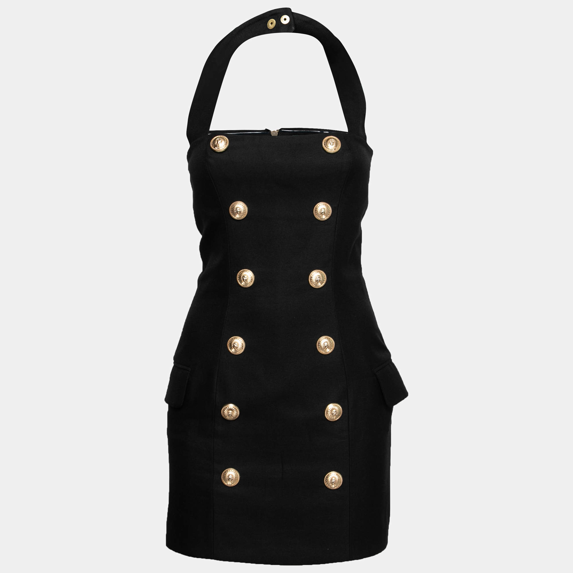Pre Owned Balmain Black Cotton Double Breasted Halter Neck Short Dress S