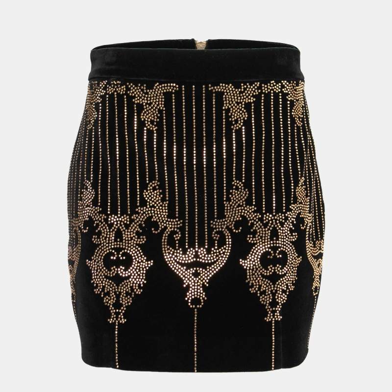 Pre Owned Balmain Black Velvet Stud Embellished Mini Skirt M