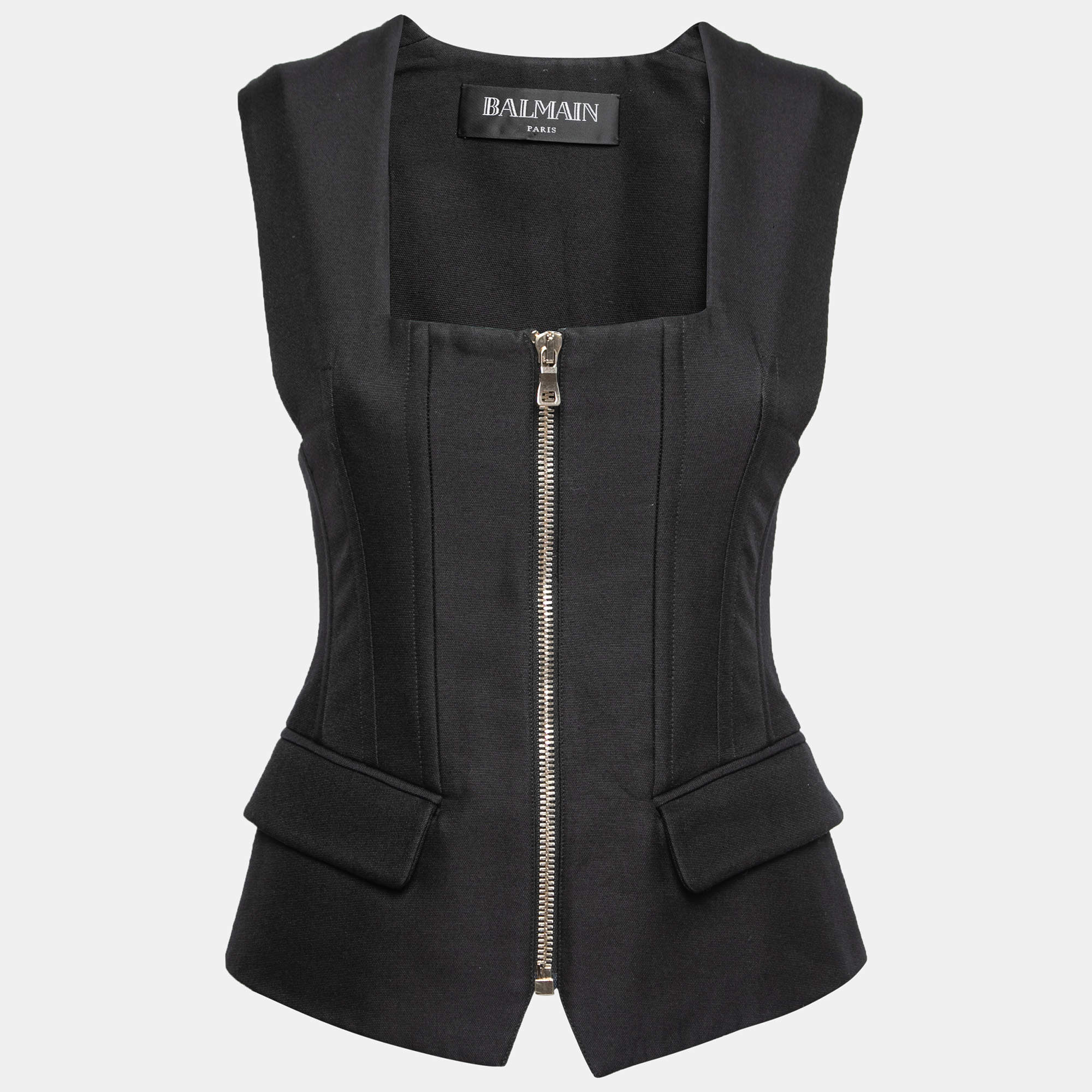 Pre Owned Balmain Black Knit Pocket Detail Zip Front Sleeveless Jacket M