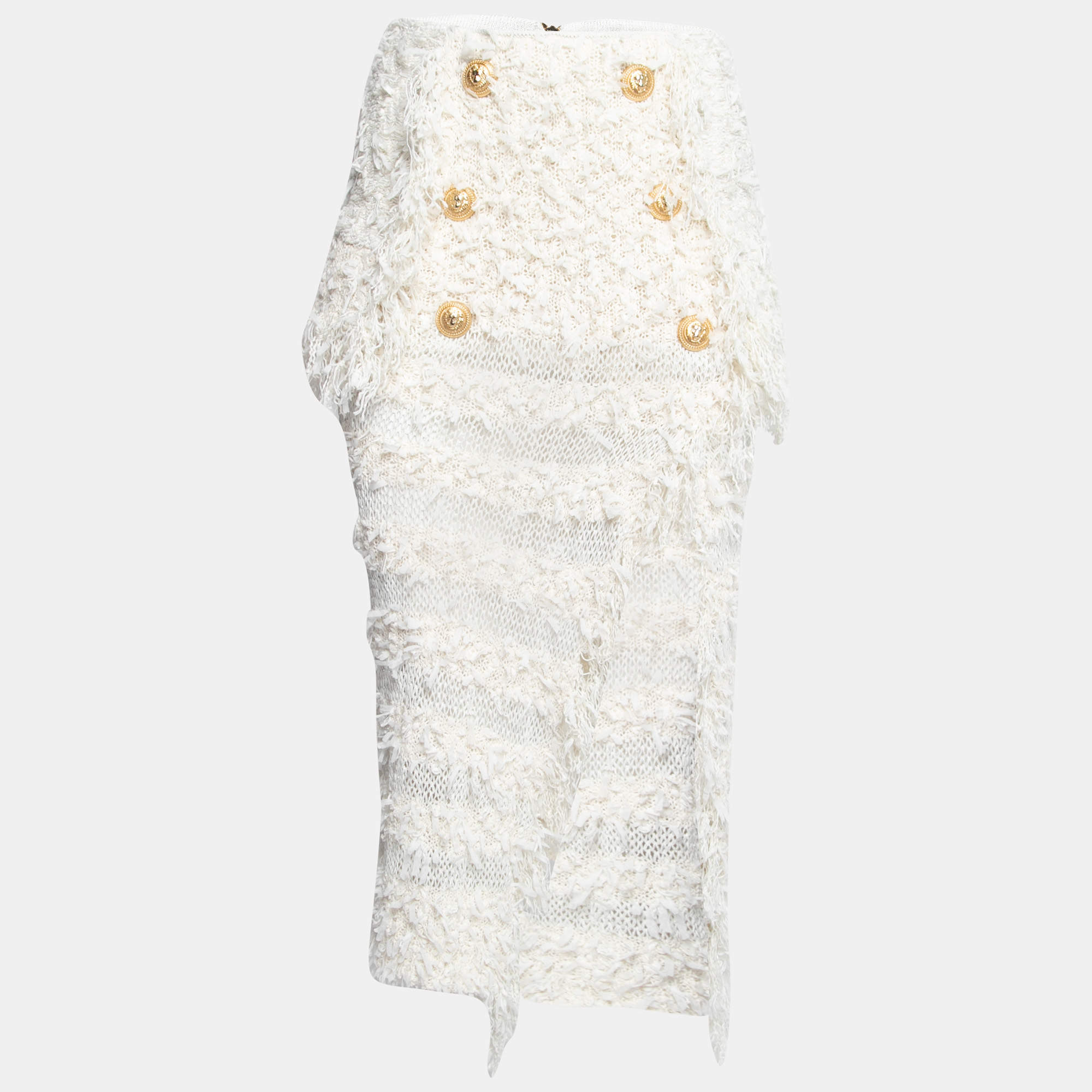 Pre Owned Balmain Ivory Fringed Lurex Knit Cotton Slit Detail Skirt S