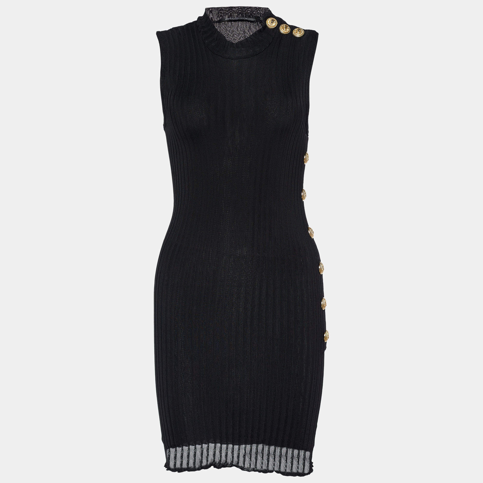 Pre Owned Balmain Black Jersey Gold Button Detail Dress S