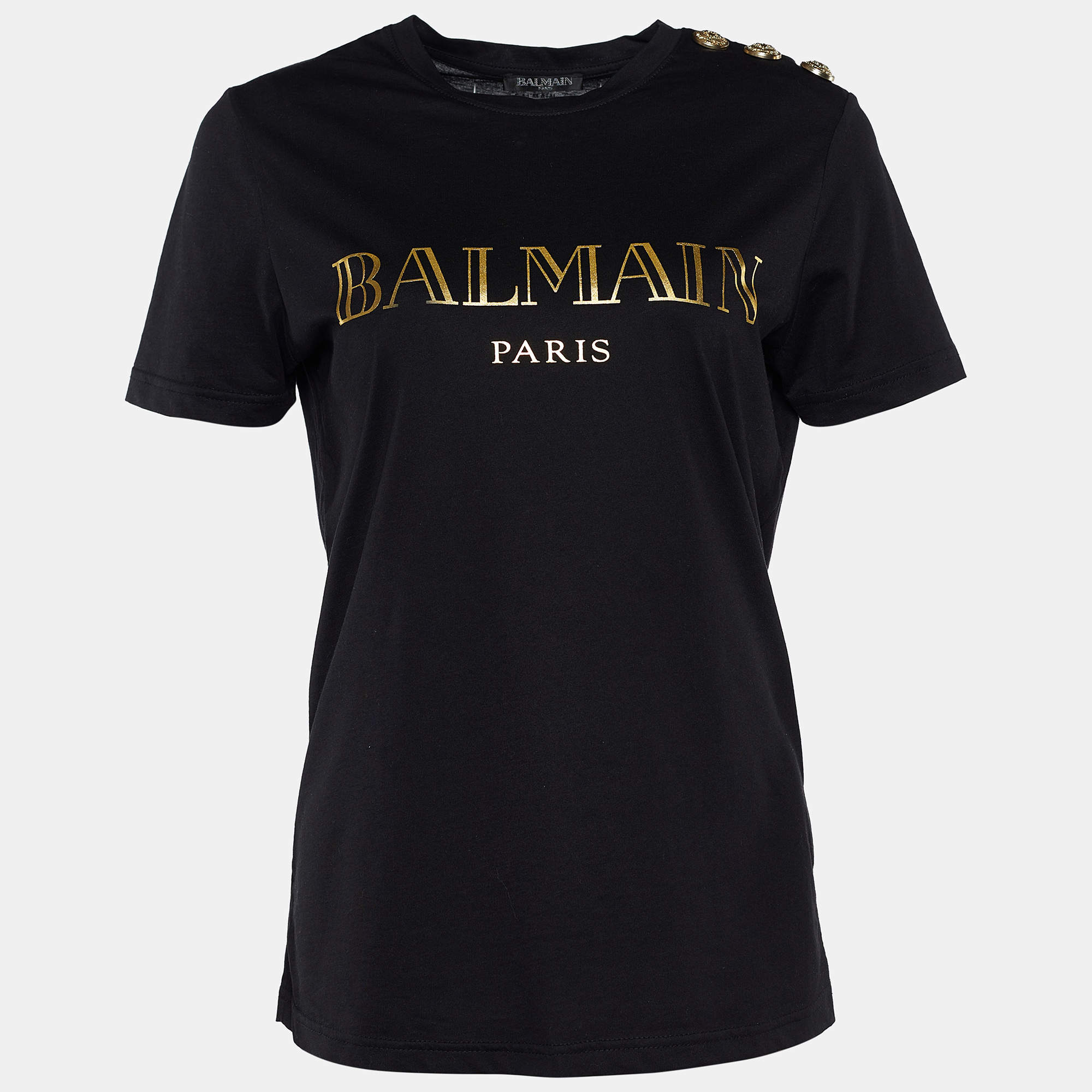 Pre Owned Balmain Black Logo Print Cotton Button Detail Crew Neck T-Shirt S