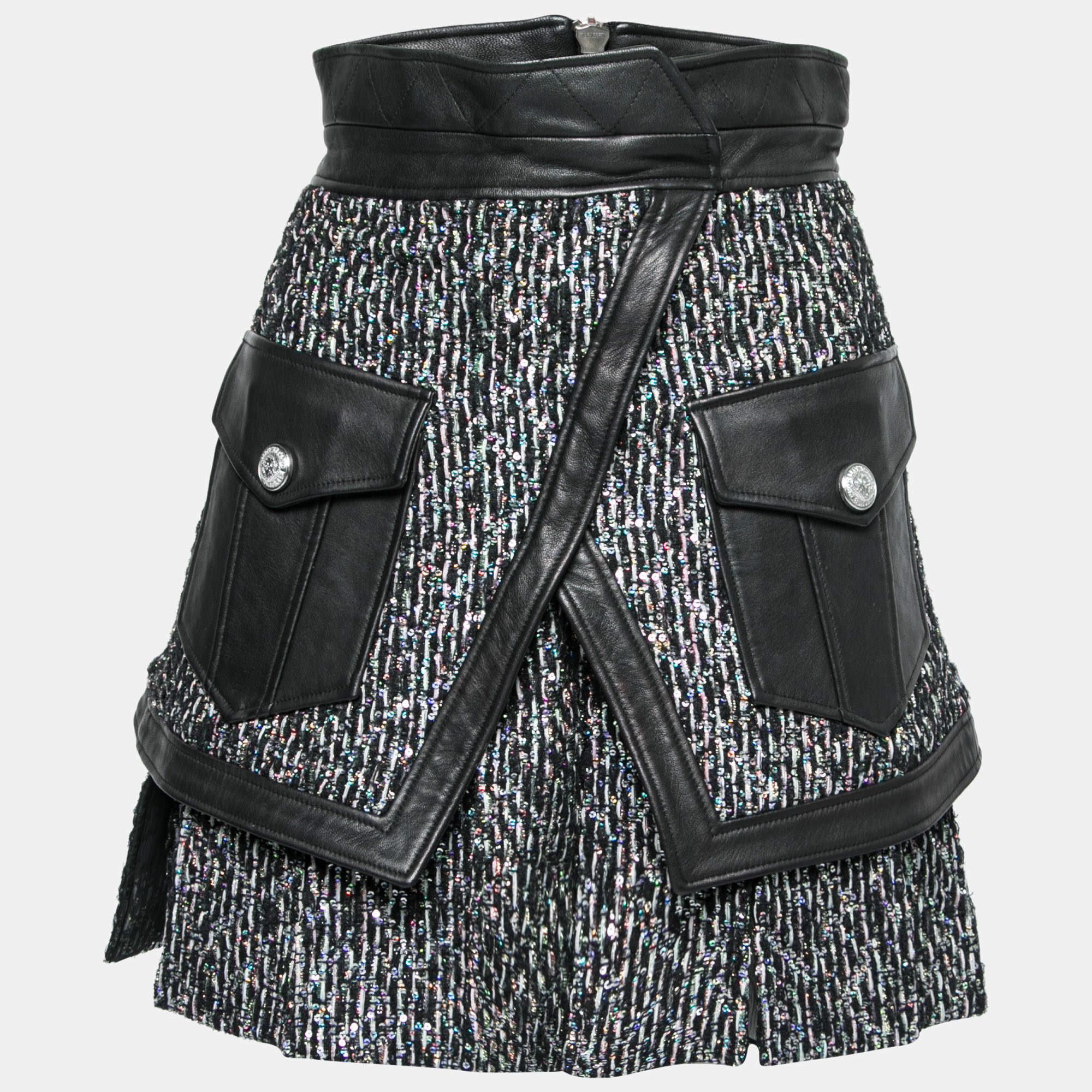 Pre Owned Balmain Black Mesh and Leather Sequin Embellished Asymmetric Skirt M