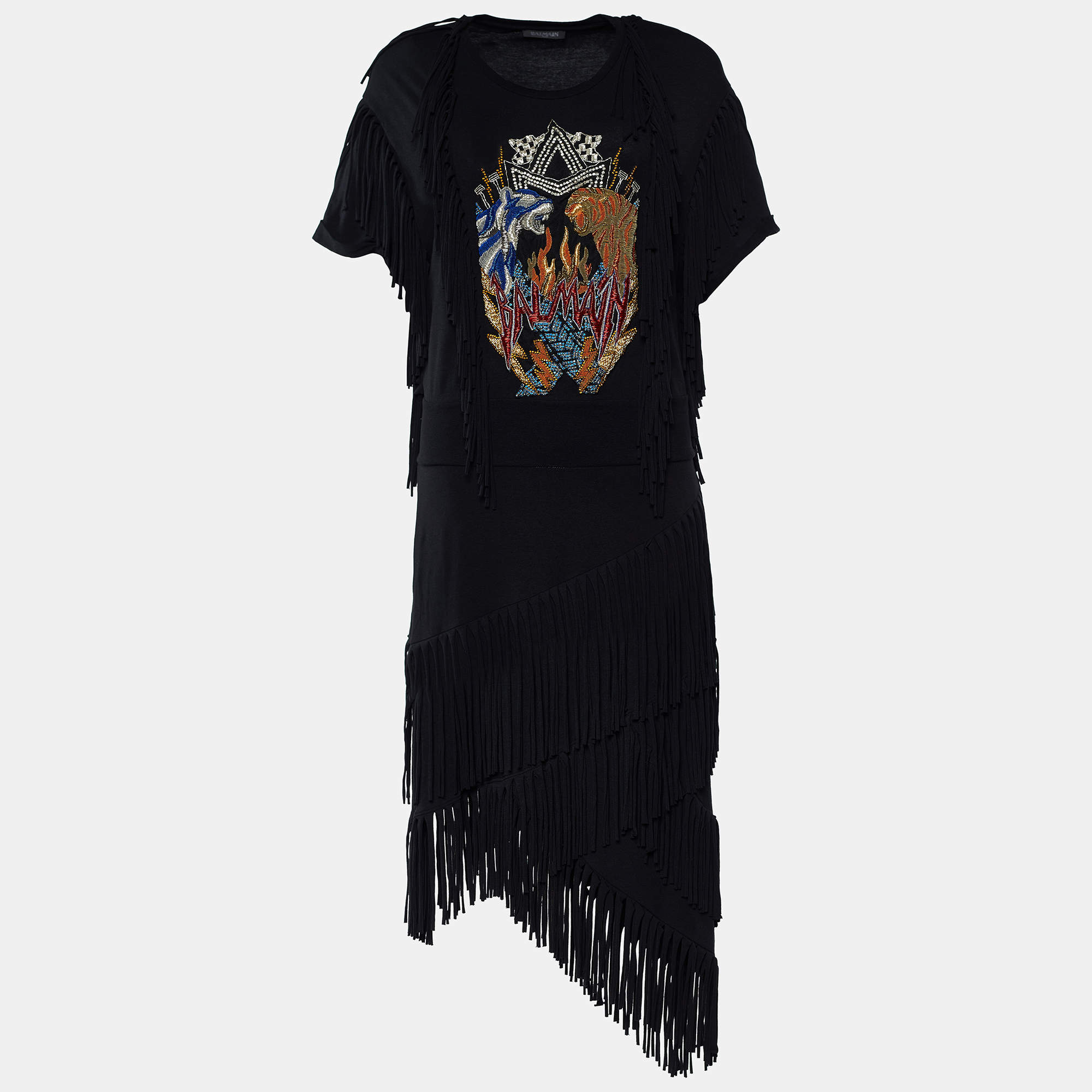 Pre Owned Balmain Black Jersey Fringe Tassel Asymmetrical Hem Dress L