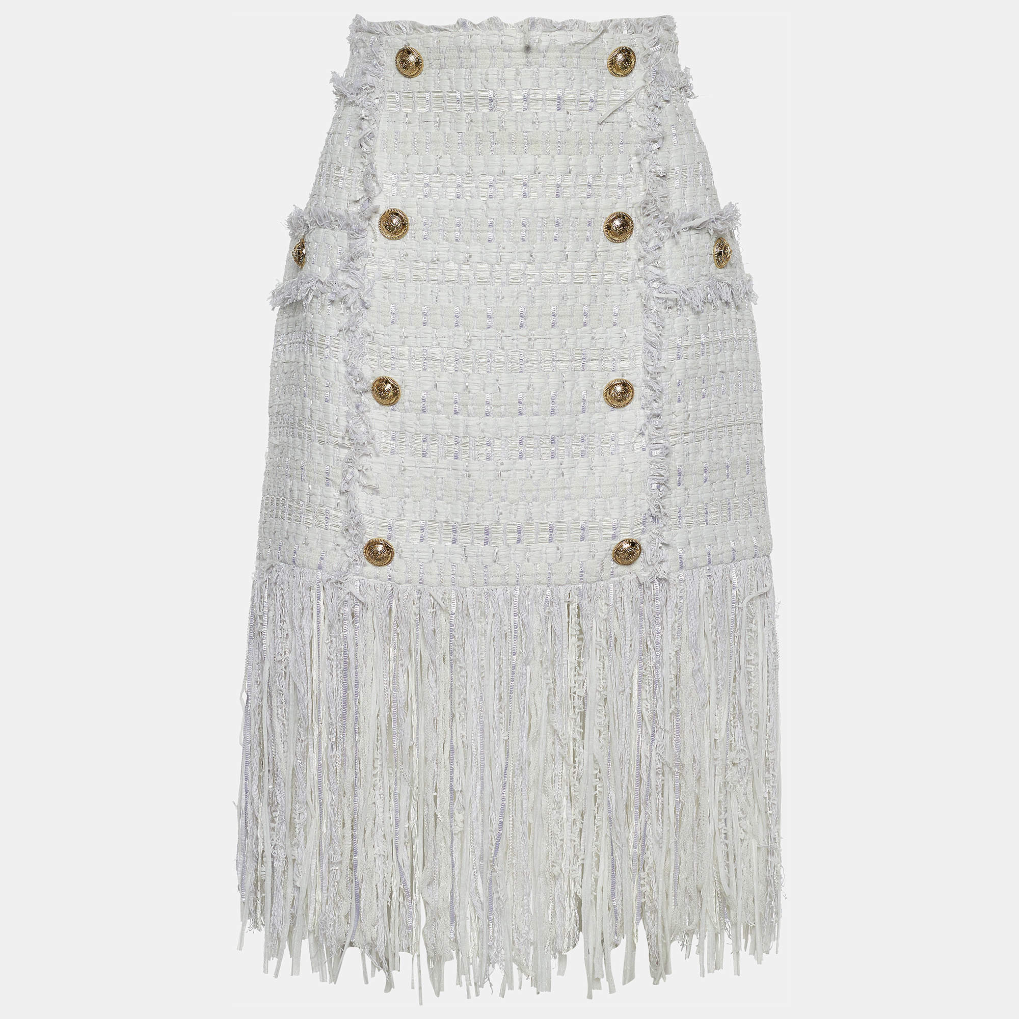 Pre Owned Balmain White Bouclé Tweed Fringed Skirt M