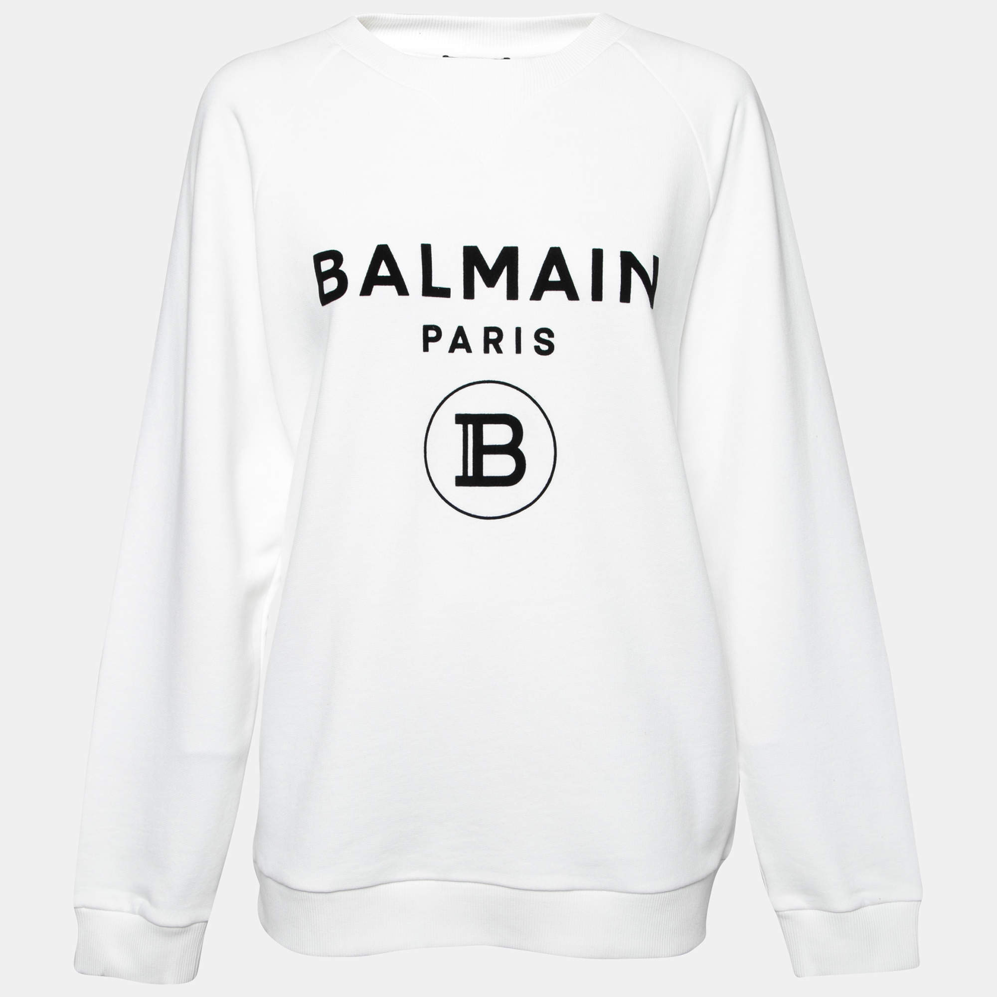 Pre Owned Balmain White Rib Knit Logo Print Raglan Sleeve Sweatshirt M