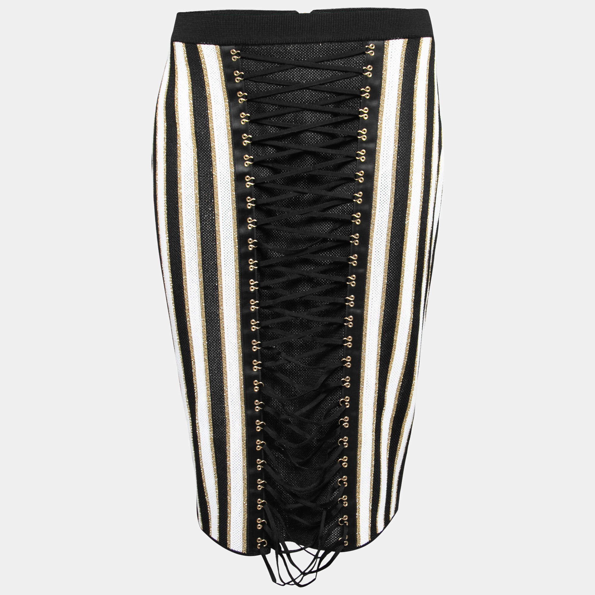Pre Owned Balmain Monochrome & Gold Striped Knit Tie Up Detail Skirt L