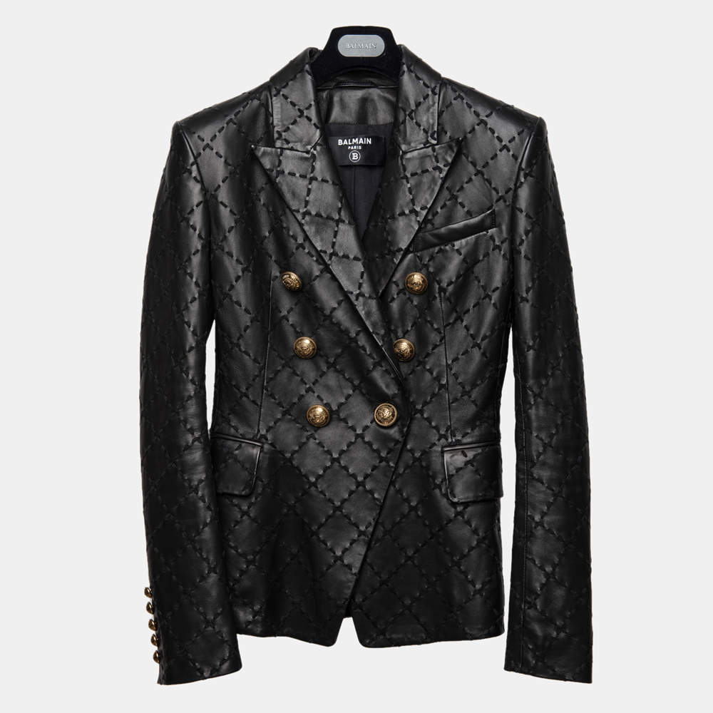Pre Owned Balmain Threaded Leather Double Breasted Blazer S (FR 36)