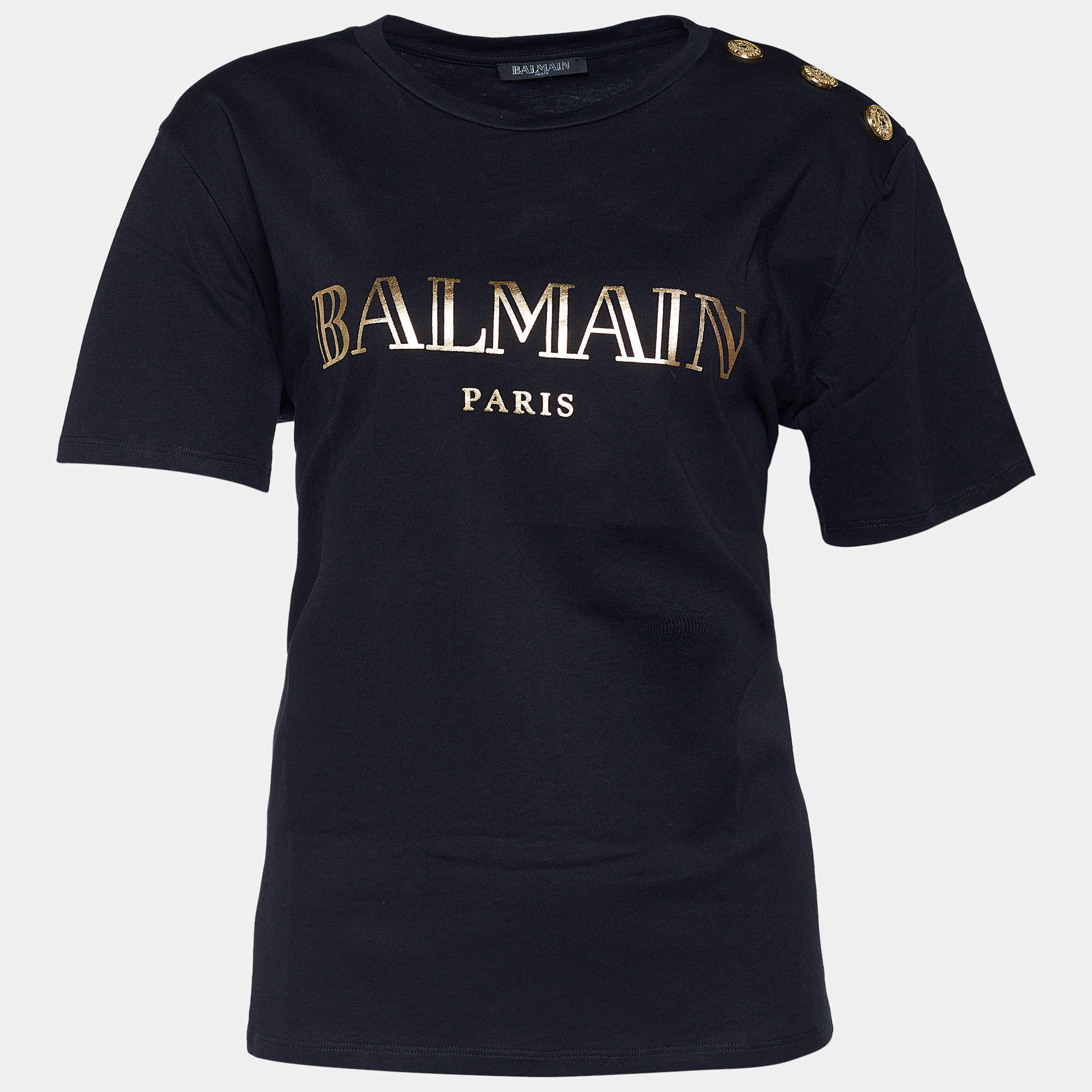 Pre Owned Balmain Black Cotton Jersey Crest Button Detail T-Shirt L