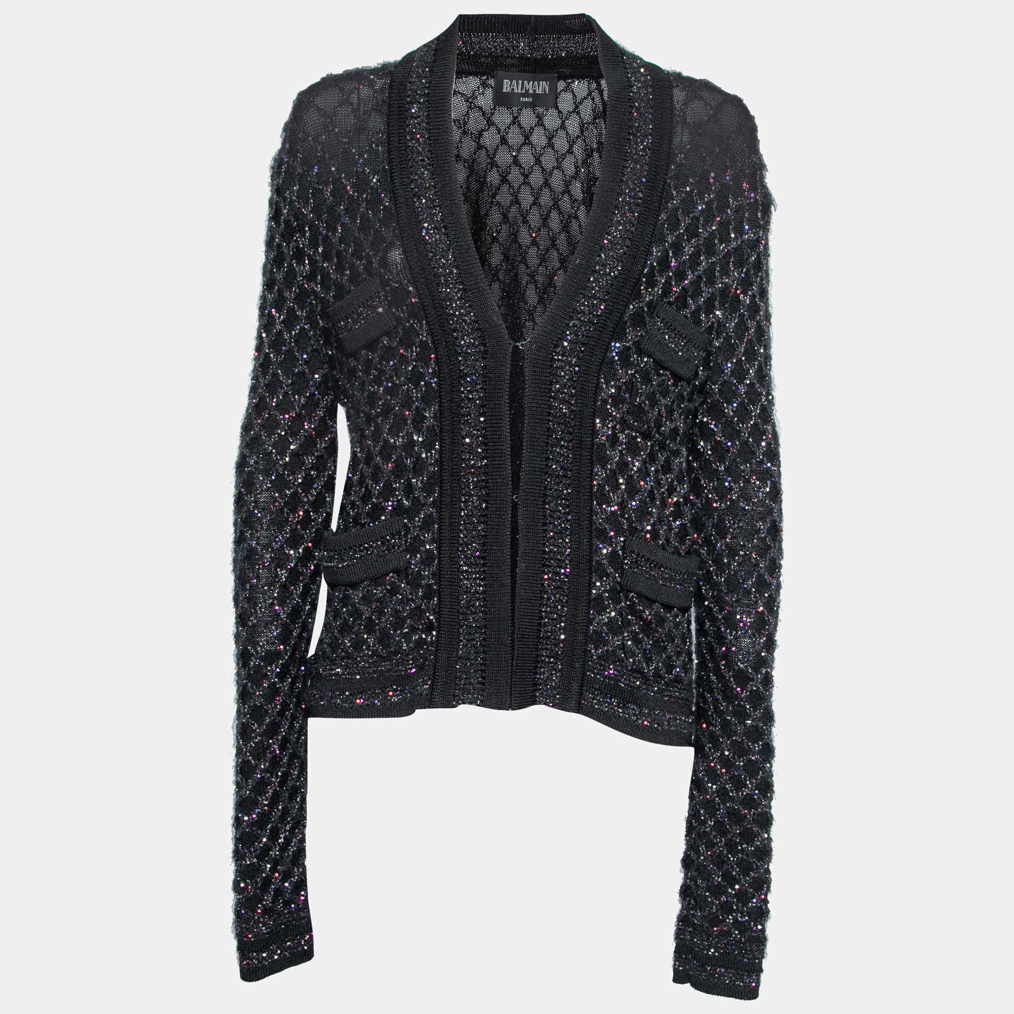 Pre Owned Balmain Black Knit Sequin Embellished Cardigan M