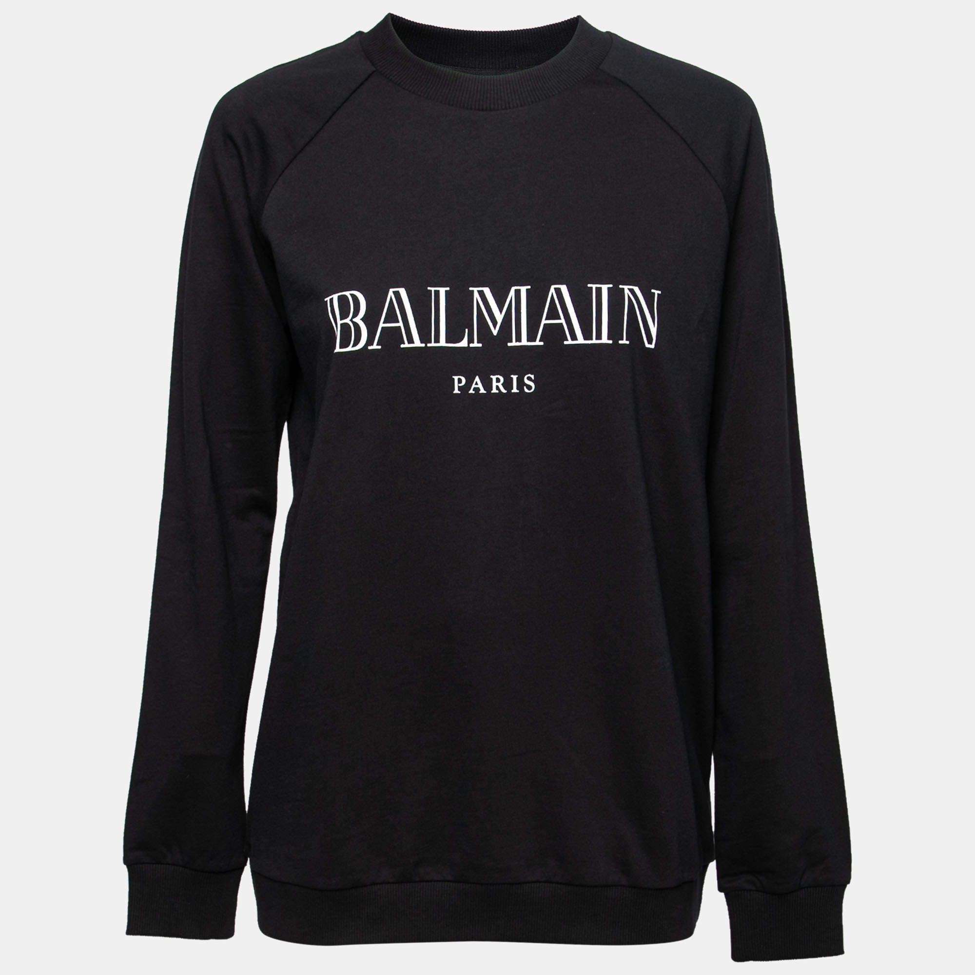 Pre Owned Balmain Black Logo Print Cotton Sweatshirt L