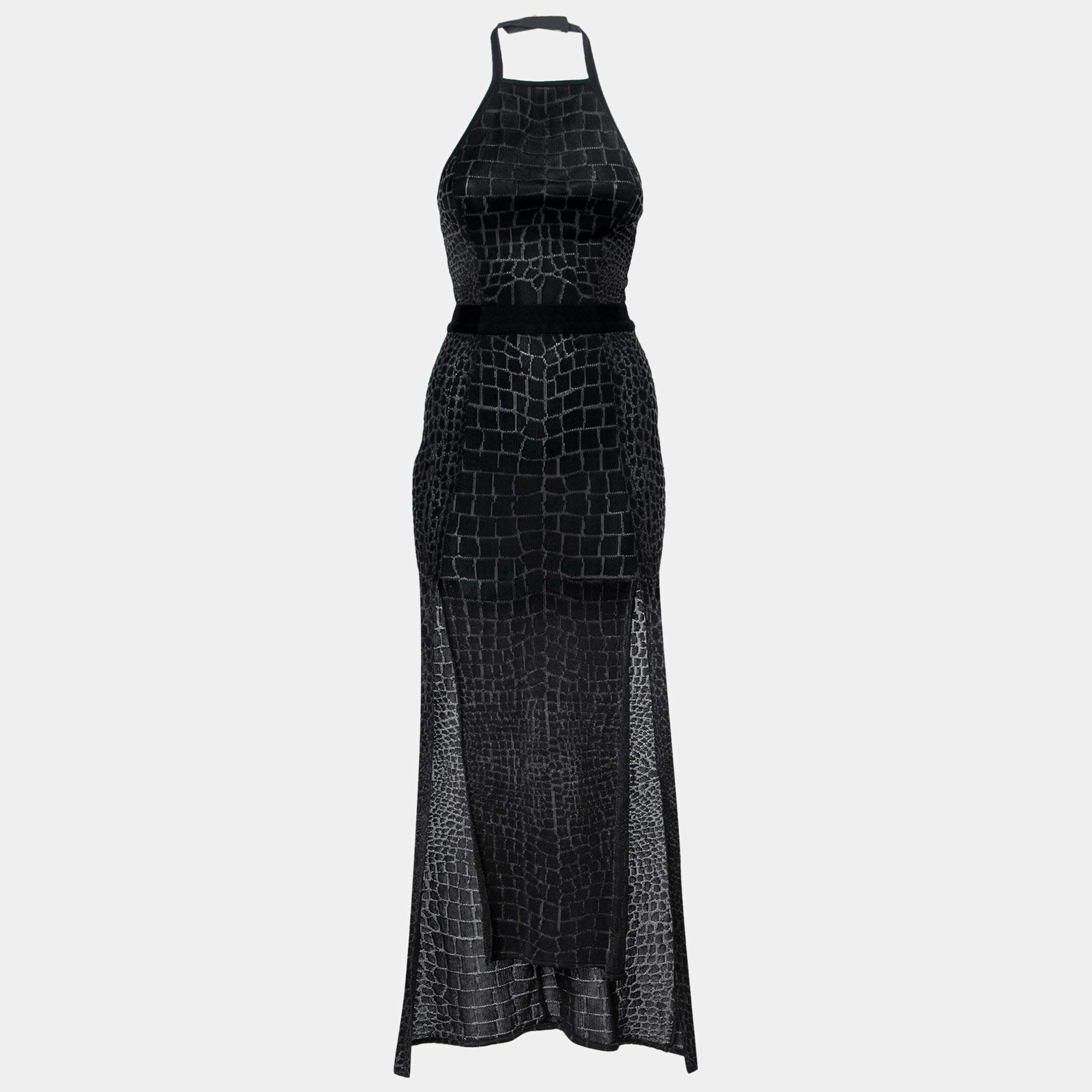 Pre Owned Balmain Black Knit Crocodile Effect Long Dress XS