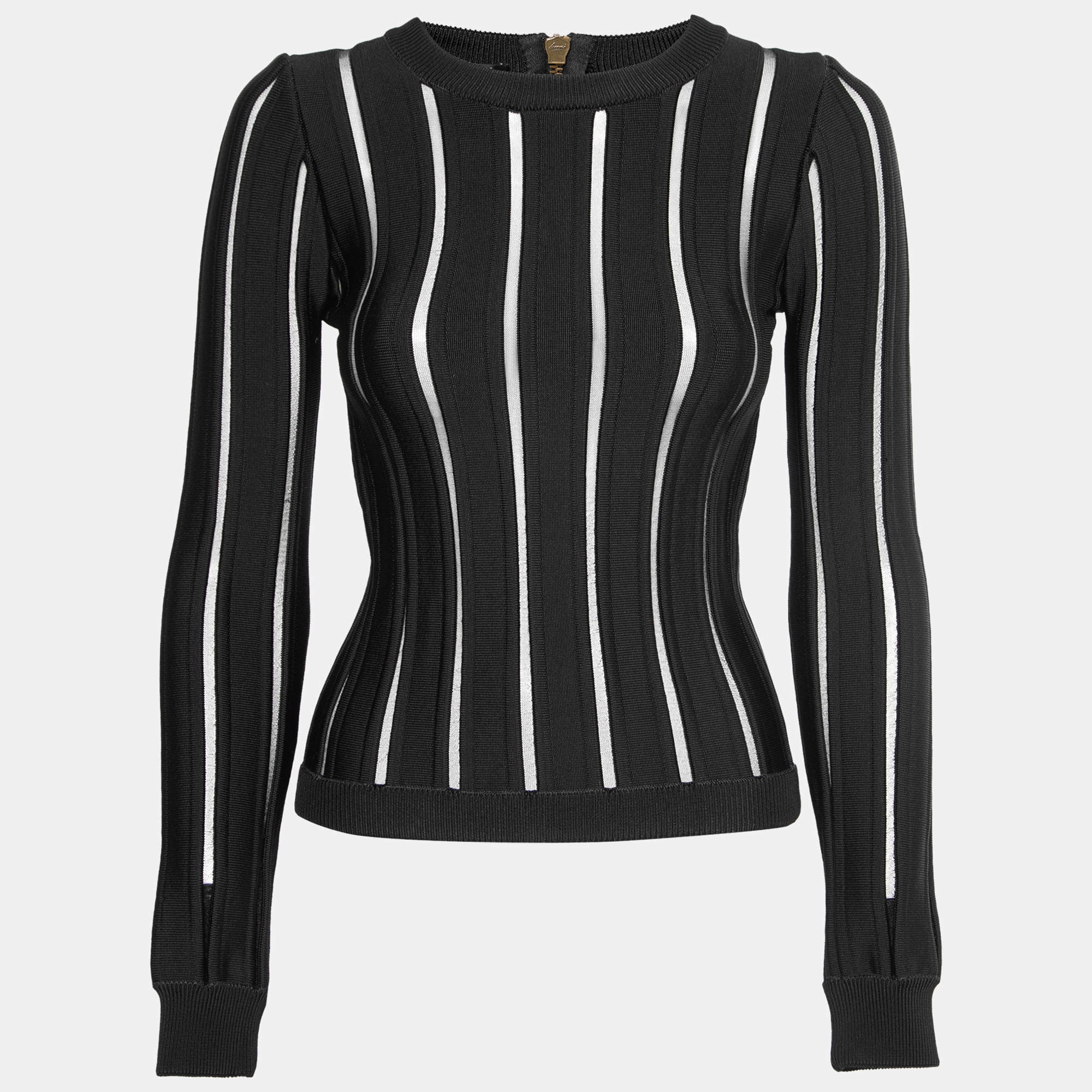 Pre Owned Balmain Black Ribbed Knit Crew Neck Long-Sleeve Top S