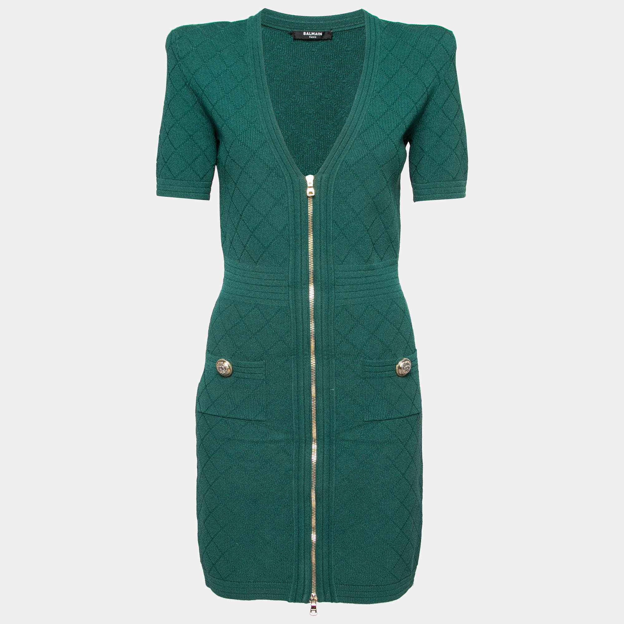 Pre Owned Balmain Green Intarsia Knit Zip Front Bodycon Dress S