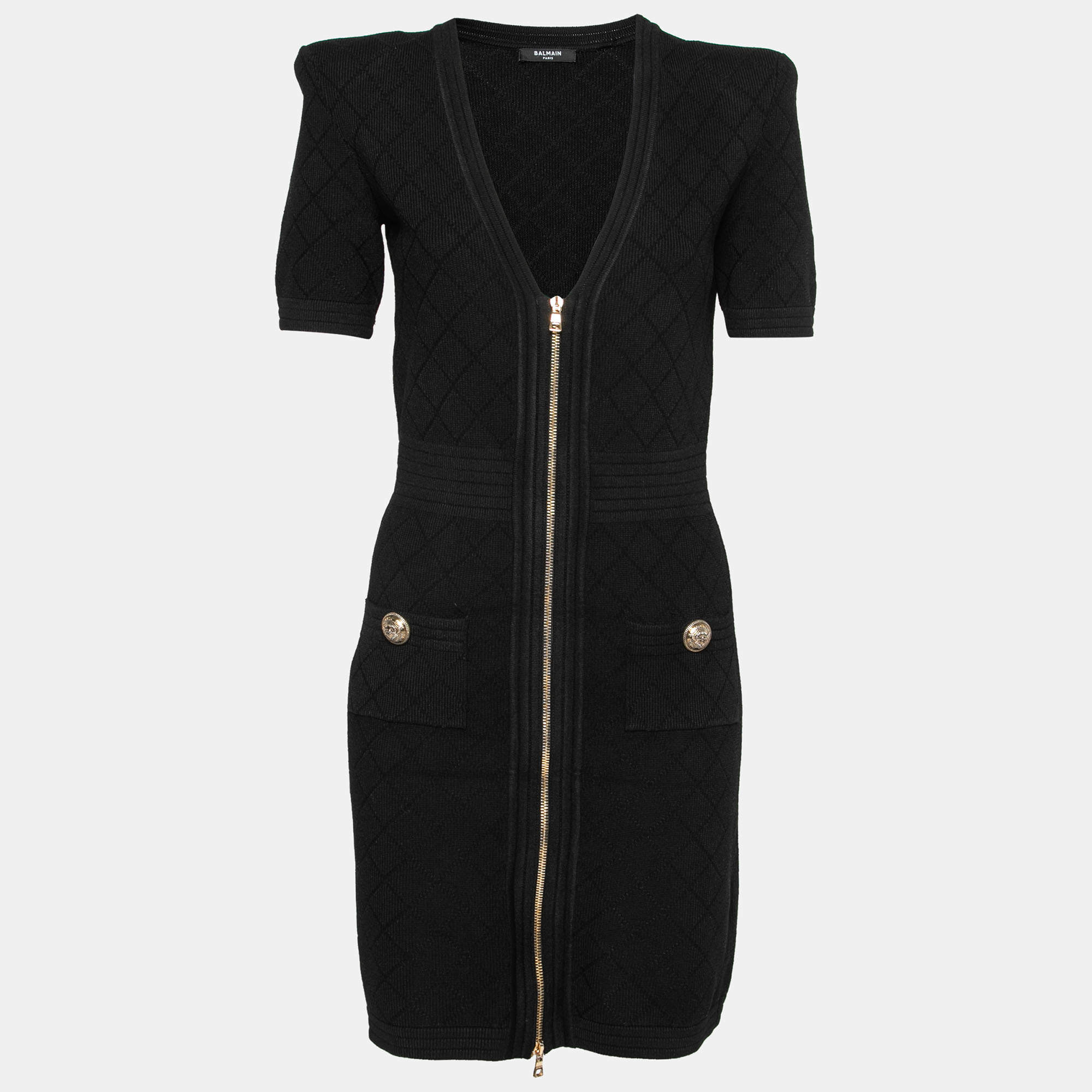 Pre Owned Balmain Black Intarsia Knit Zip Front Bodycon Dress S