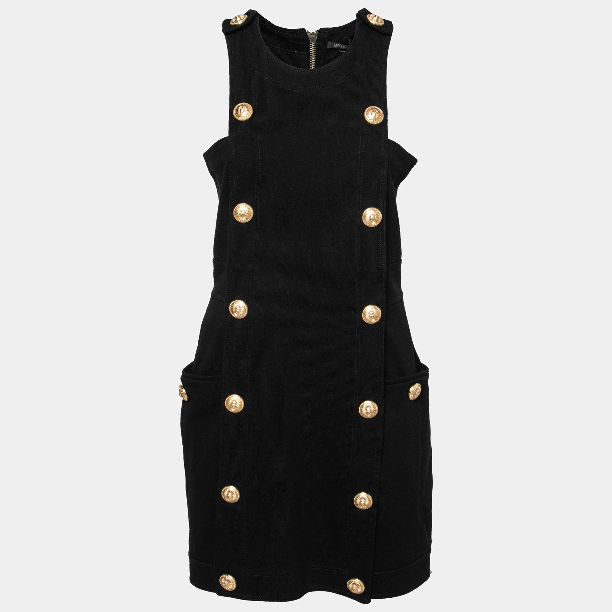 Pre Owned Balmain Black Button-Embellished Stretch-Knit Mini Dress L