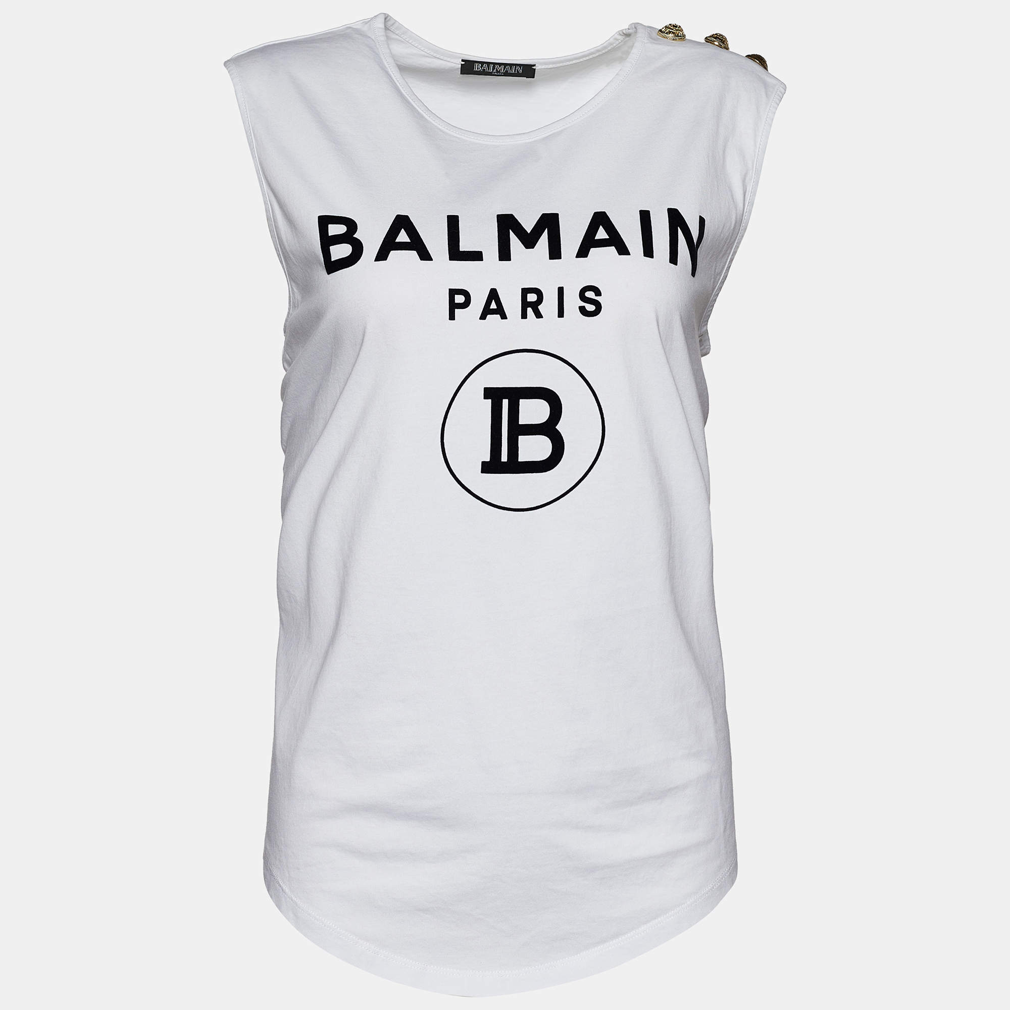 Pre Owned Balmain White Logo Print Cotton Button Detail Tank Top M