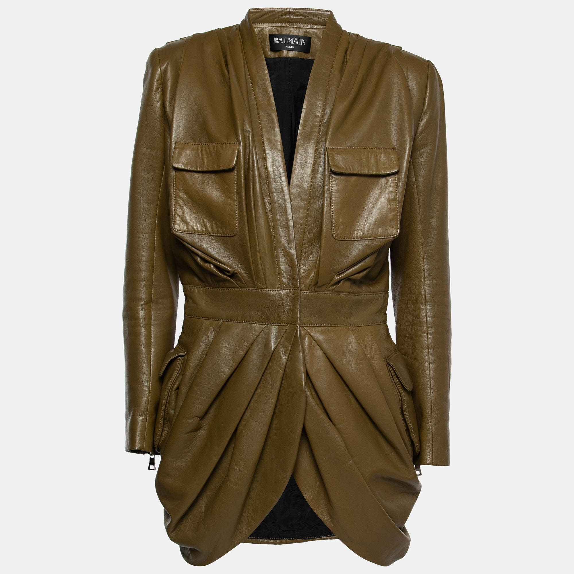 bakke Tal højt Optimistisk Balmain Olive Green Leather Pocketed Draped Leather Jacket L Balmain | TLC
