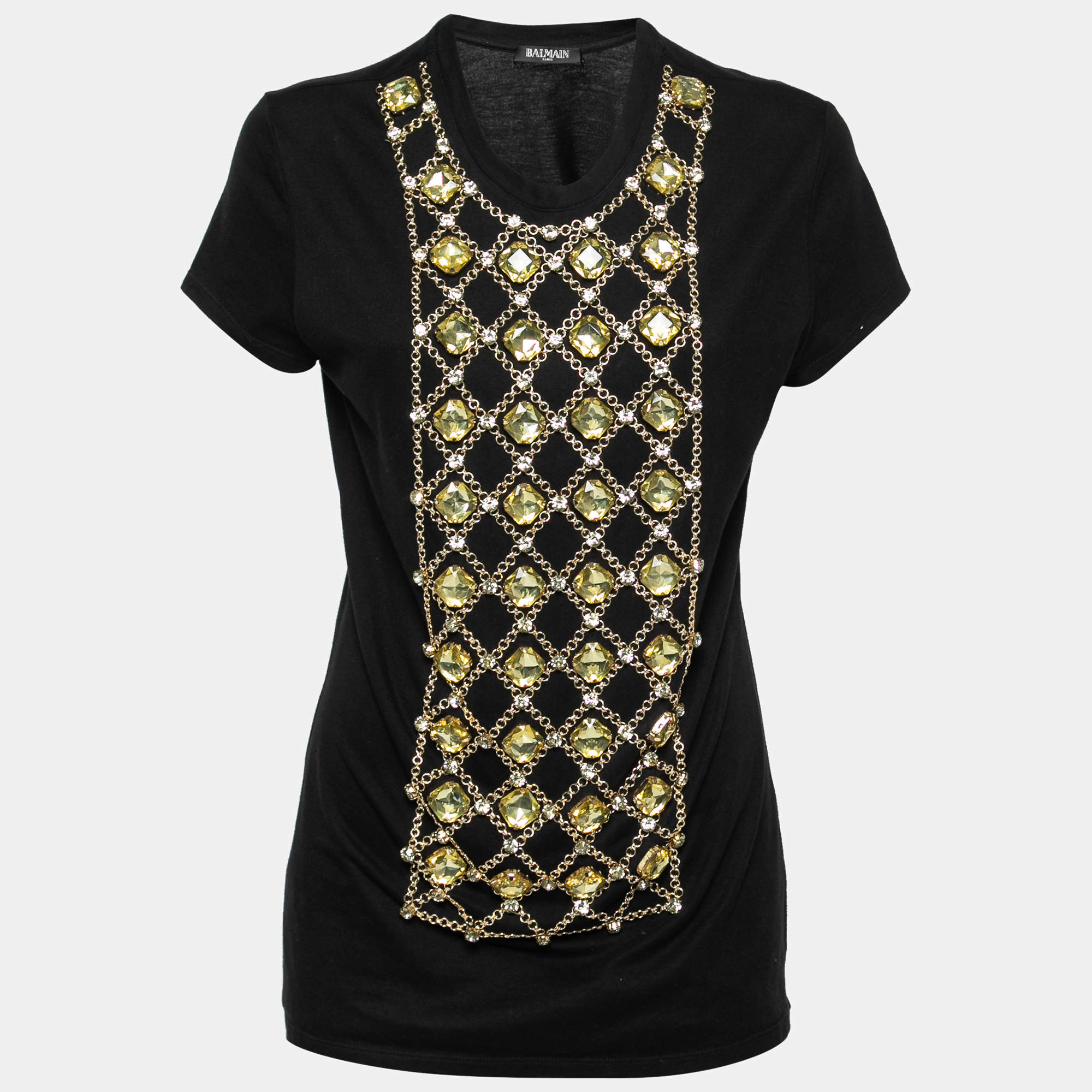 Pre Owned Balmain Black Rhinestone-Embellished Cotton T-Shirt L