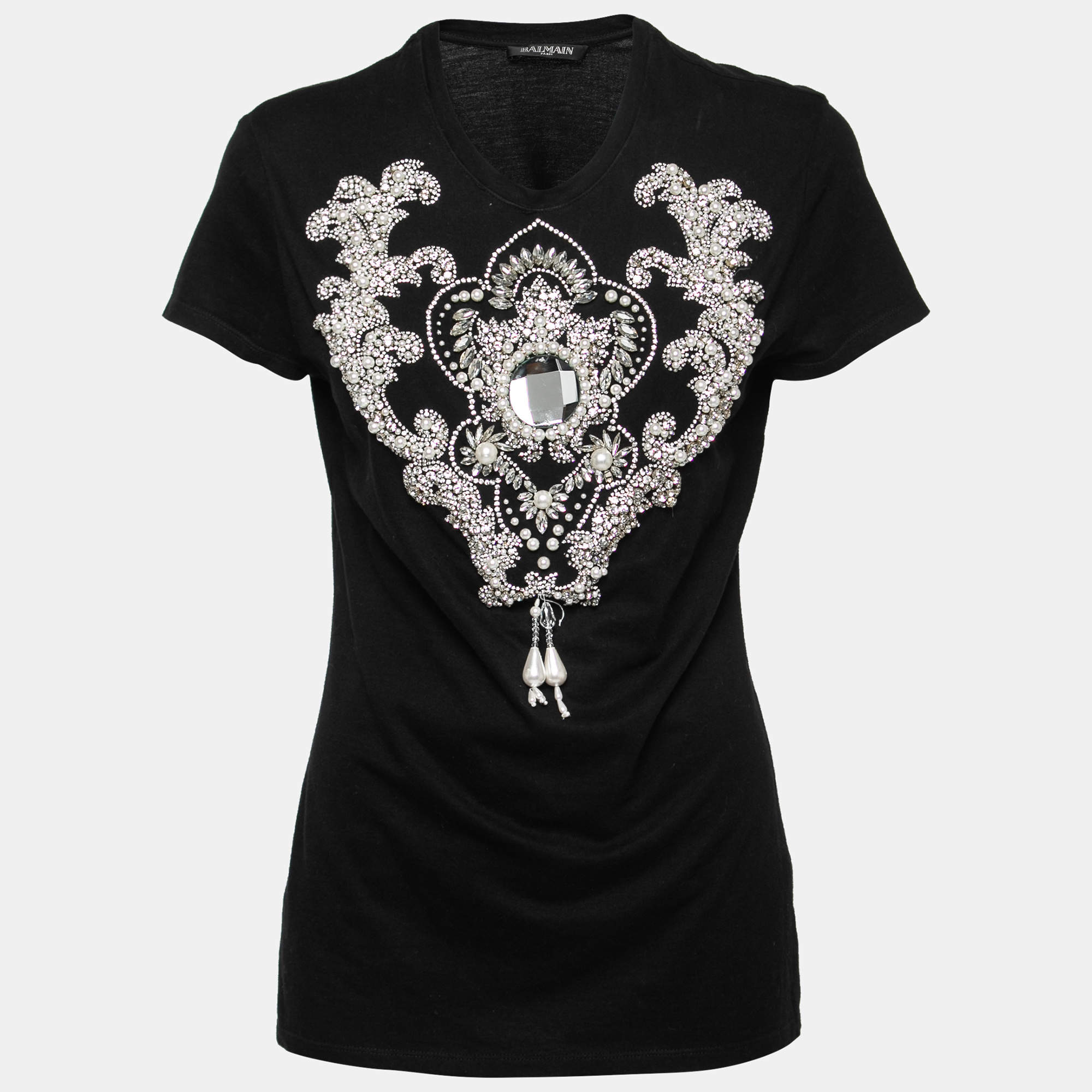 Balmain Black Pearl & Rhinestone Embellished Cotton T-Shirt M