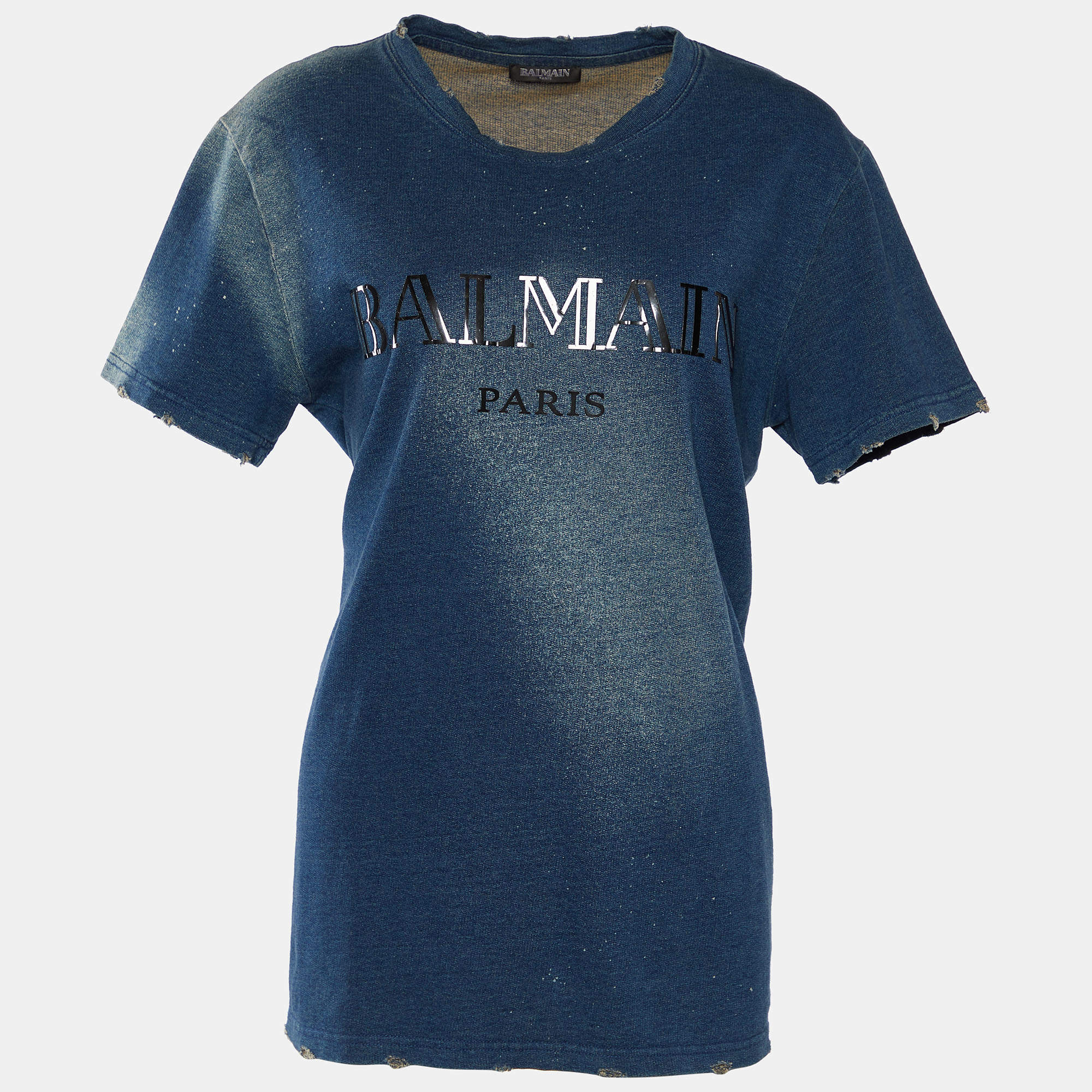 Pre Owned Balmain Blue Faded Denim Cotton Knit Distressed T-Shirt M