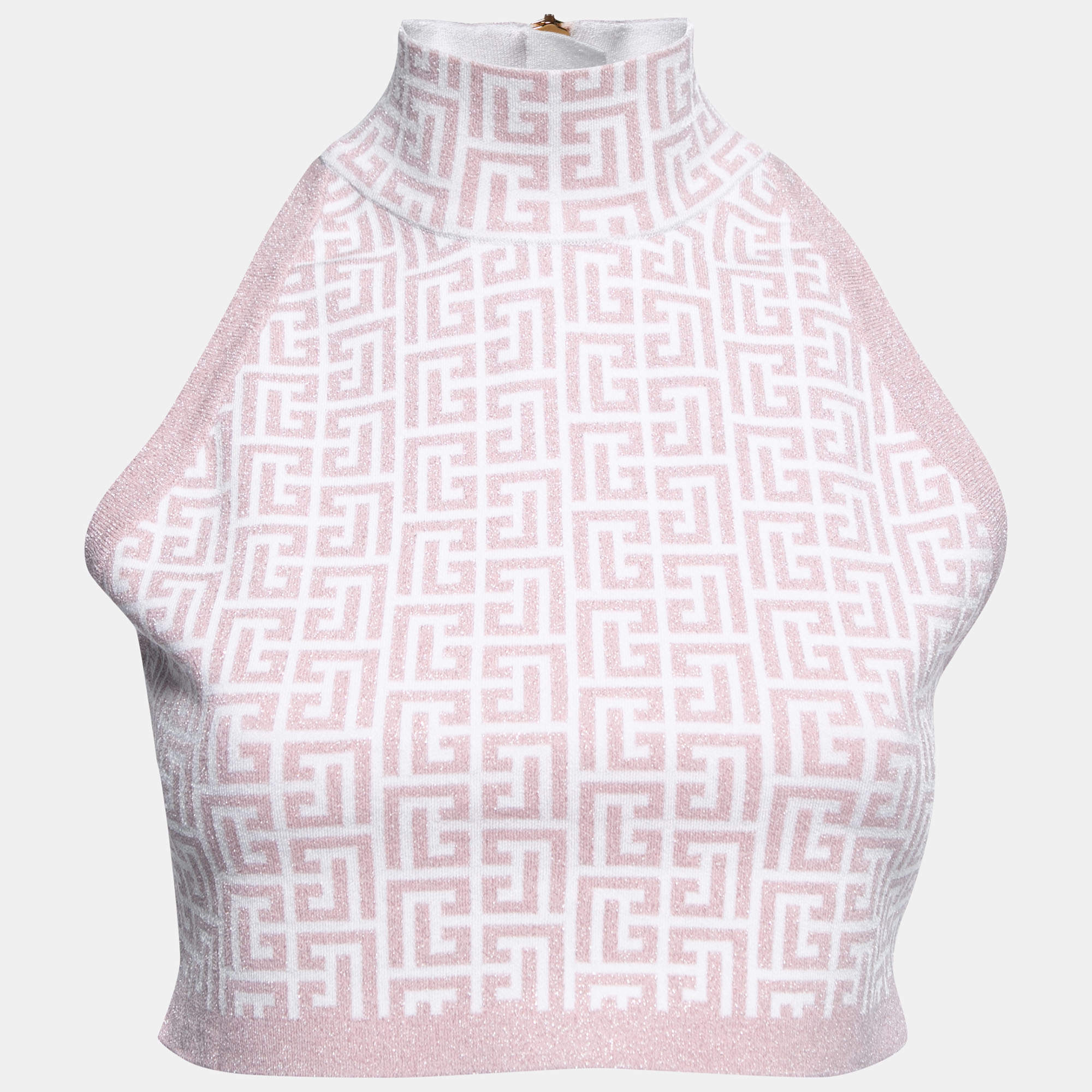 Pre Owned Balmain Pink Jacquard Lurex Knit Mock Neck Crop Top L