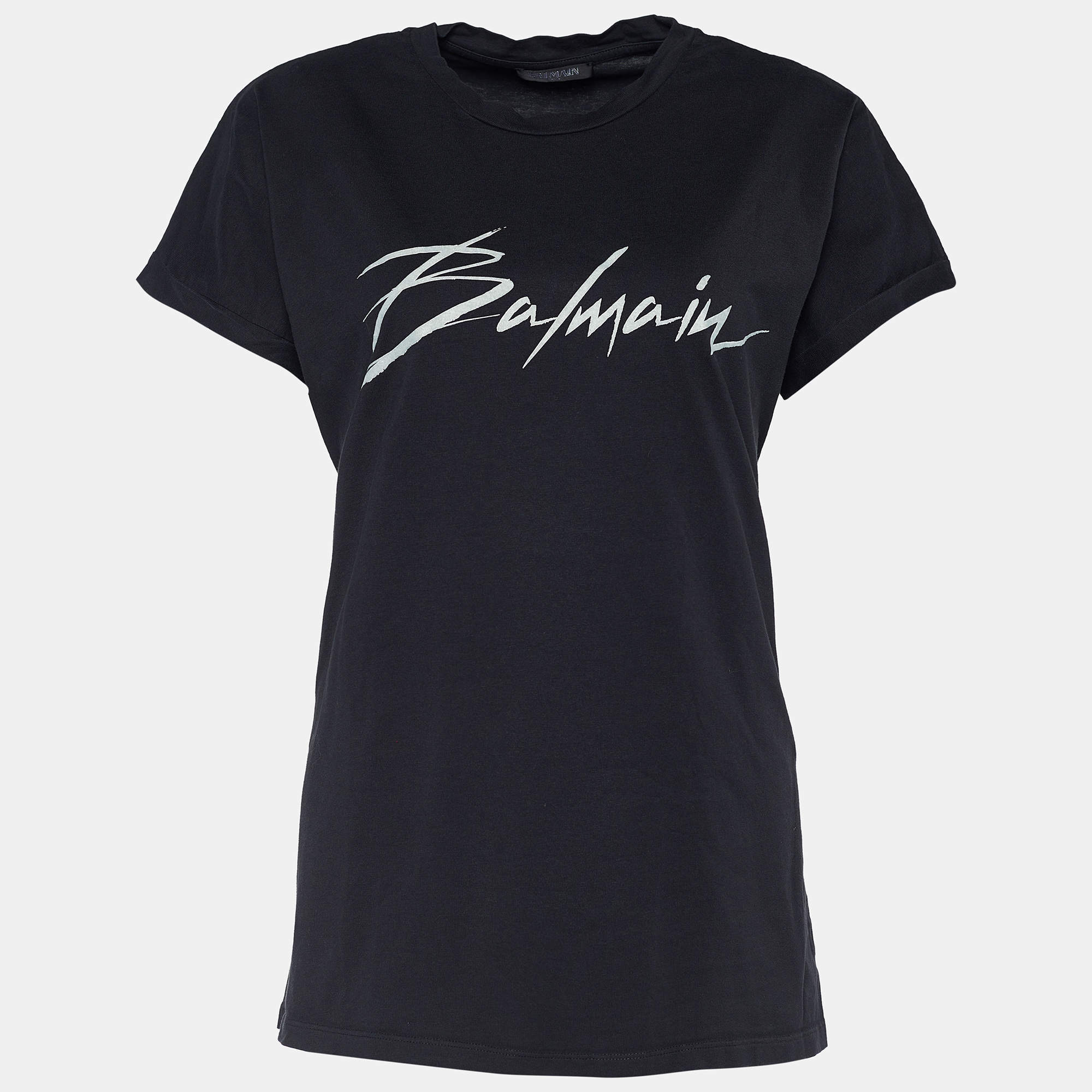 Pre Owned Balmain Black Jersey Logo Print Crew Neck T-Shirt M