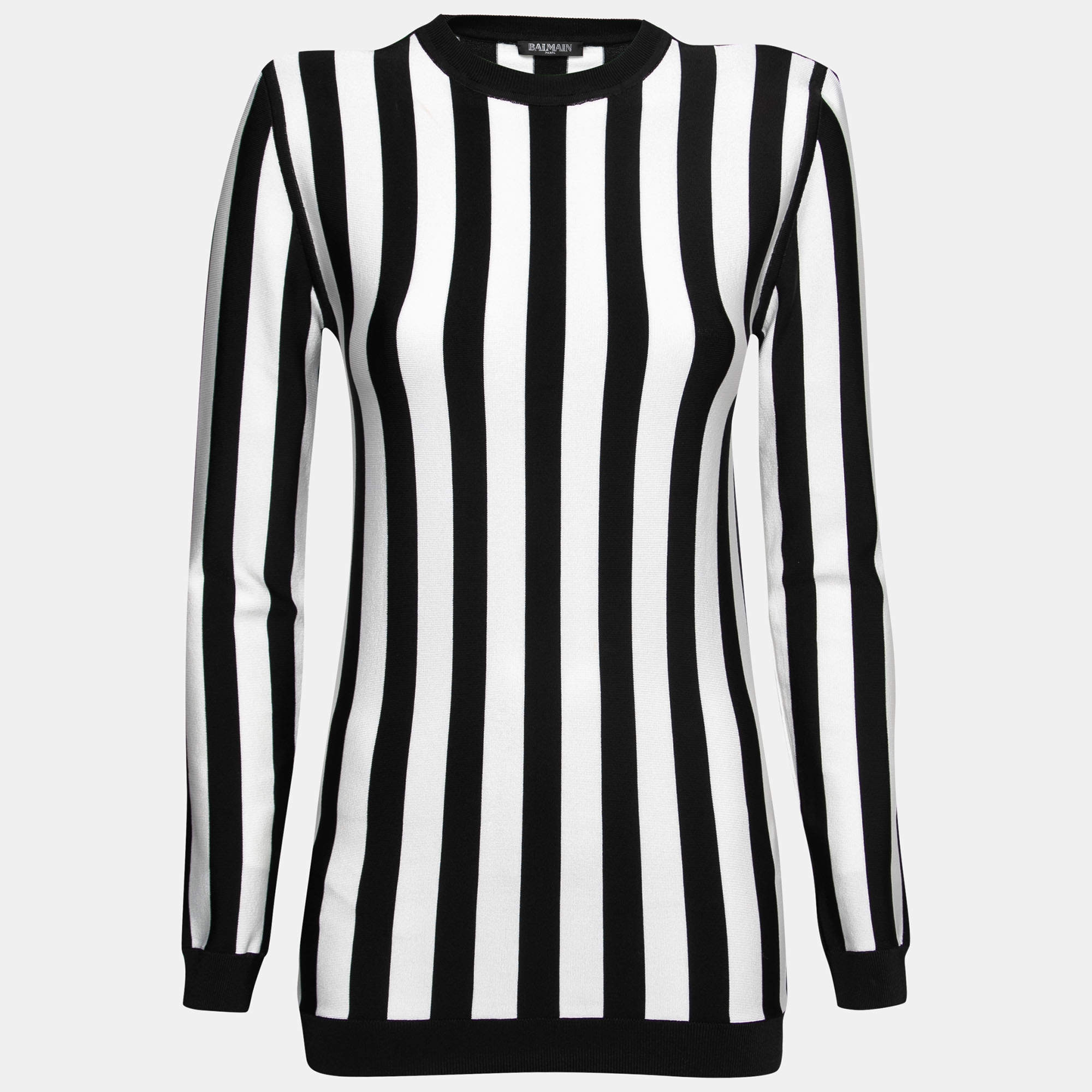 Pre Owned Balmain Monochrome Striped Knit Long Sleeve Top M