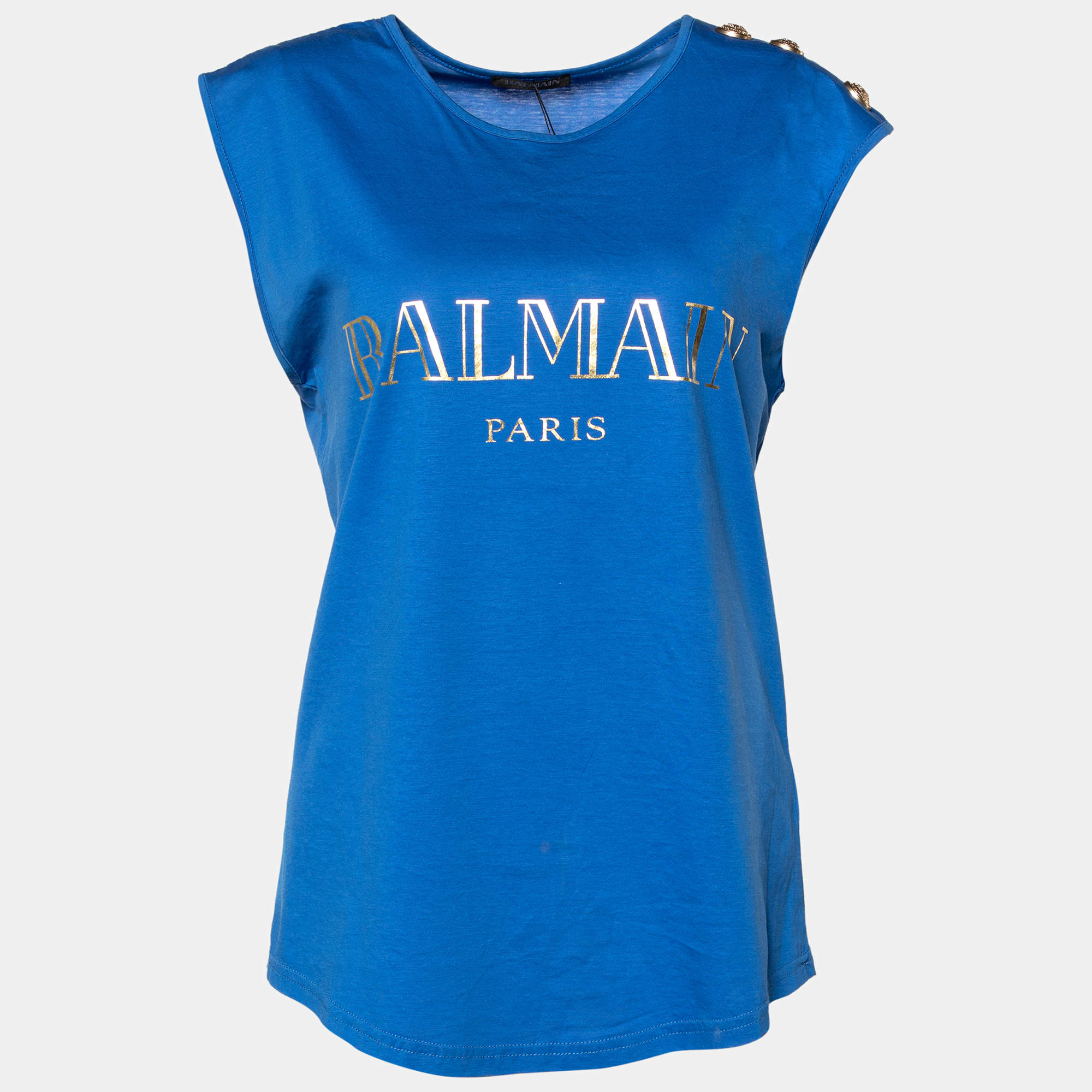 Balmain Blue Jersey Button Detail Sleeveless Top M